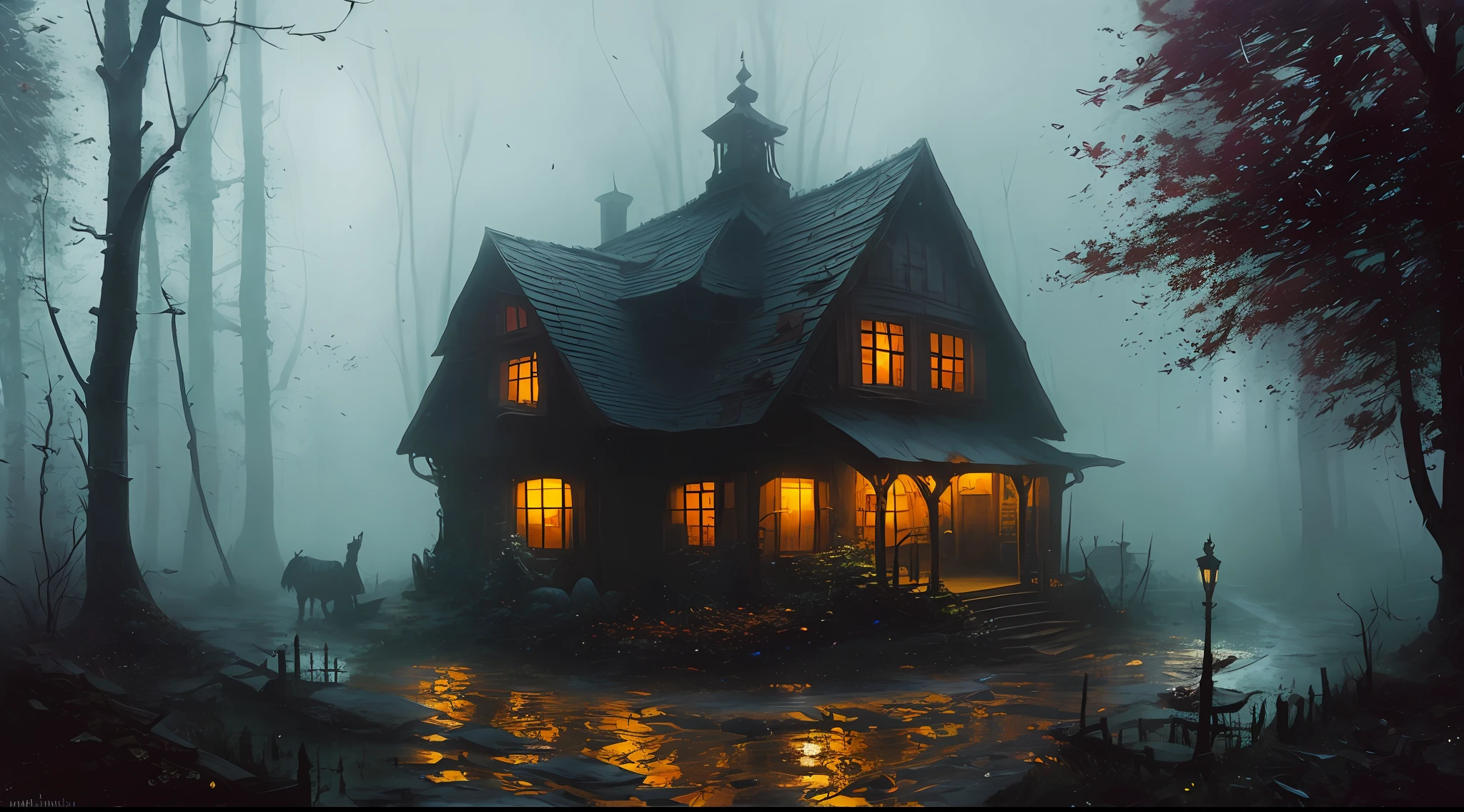 a dark old house in the woods, stefan koidl inspired, bussiere rutkowski andreas rocha, by maxim verehin, inspired by maxim verehin, inspired by Tomasz Jedruszek, dark cinematic concept art, eerie nostalgic concept art, inspired by Igor Kieryluk, inspired by Ismail Inceoglu