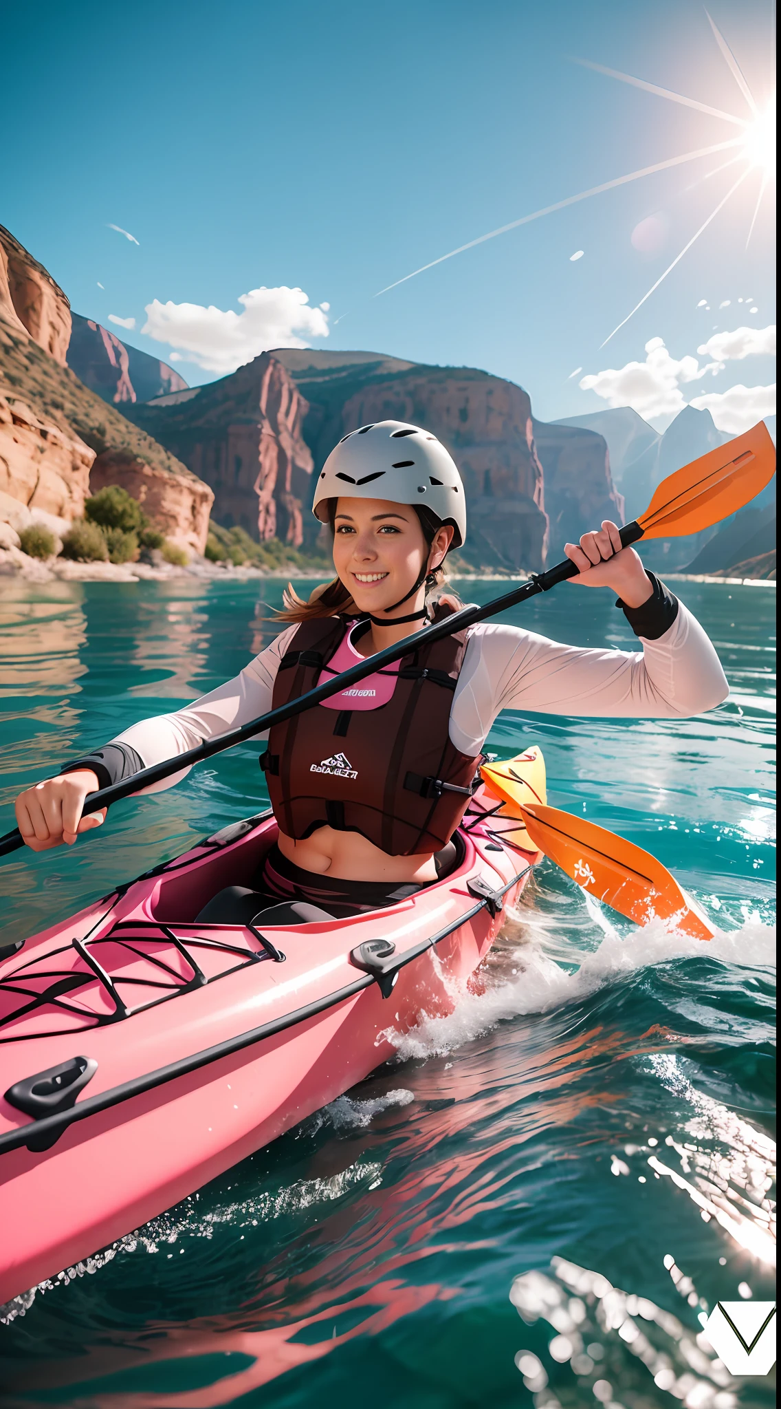 Woman, 24 years old, European, ((Kayak)), long sleeve t-shirt, pink leggings, Masterpiece, 8k, realistic, helmet, shoes, canyon, river, sunny, soaked --auto --s2