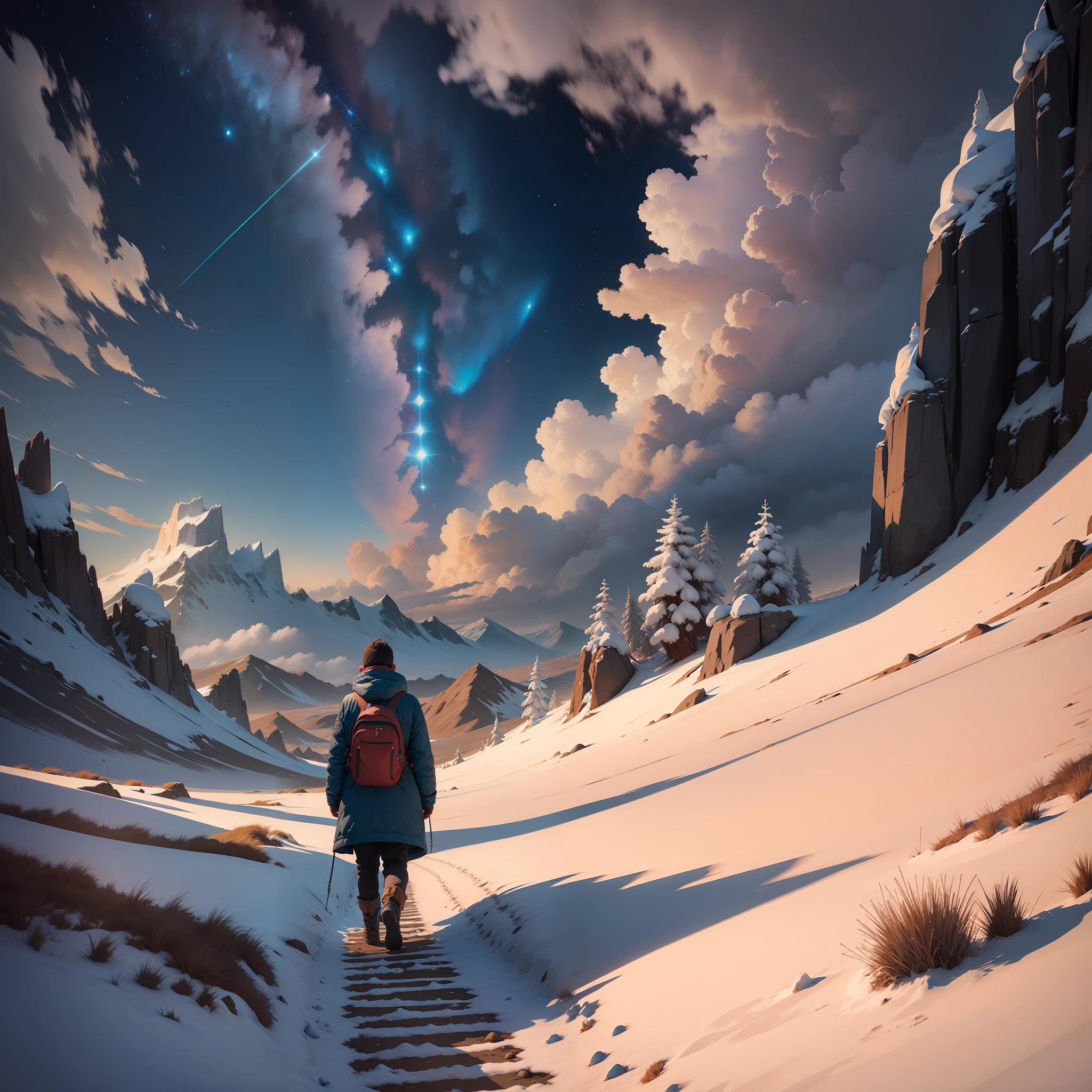 lonely wayfarer in the steppe between polar star and big dipper