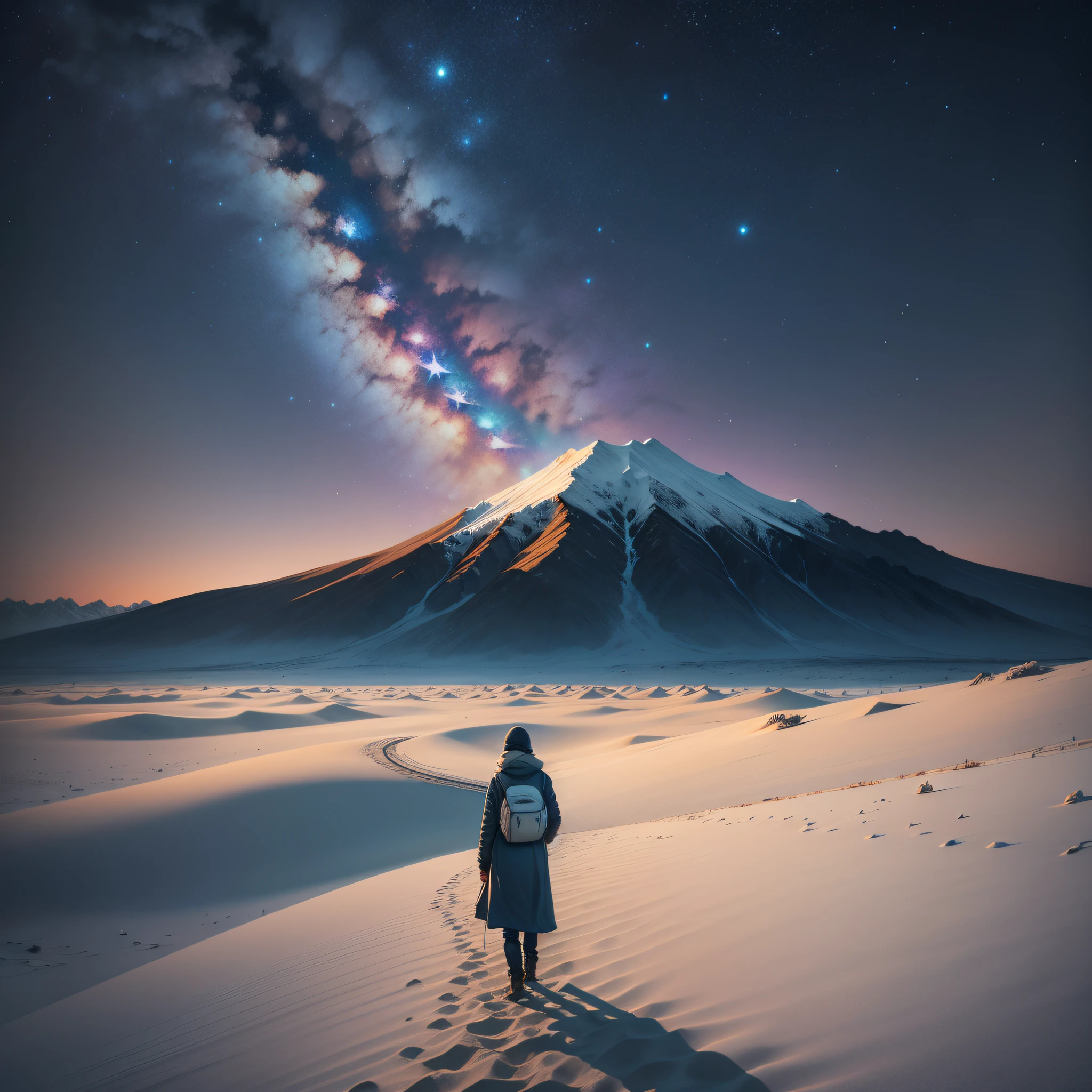 lonely wayfarer in the steppe between polar star and big dipper