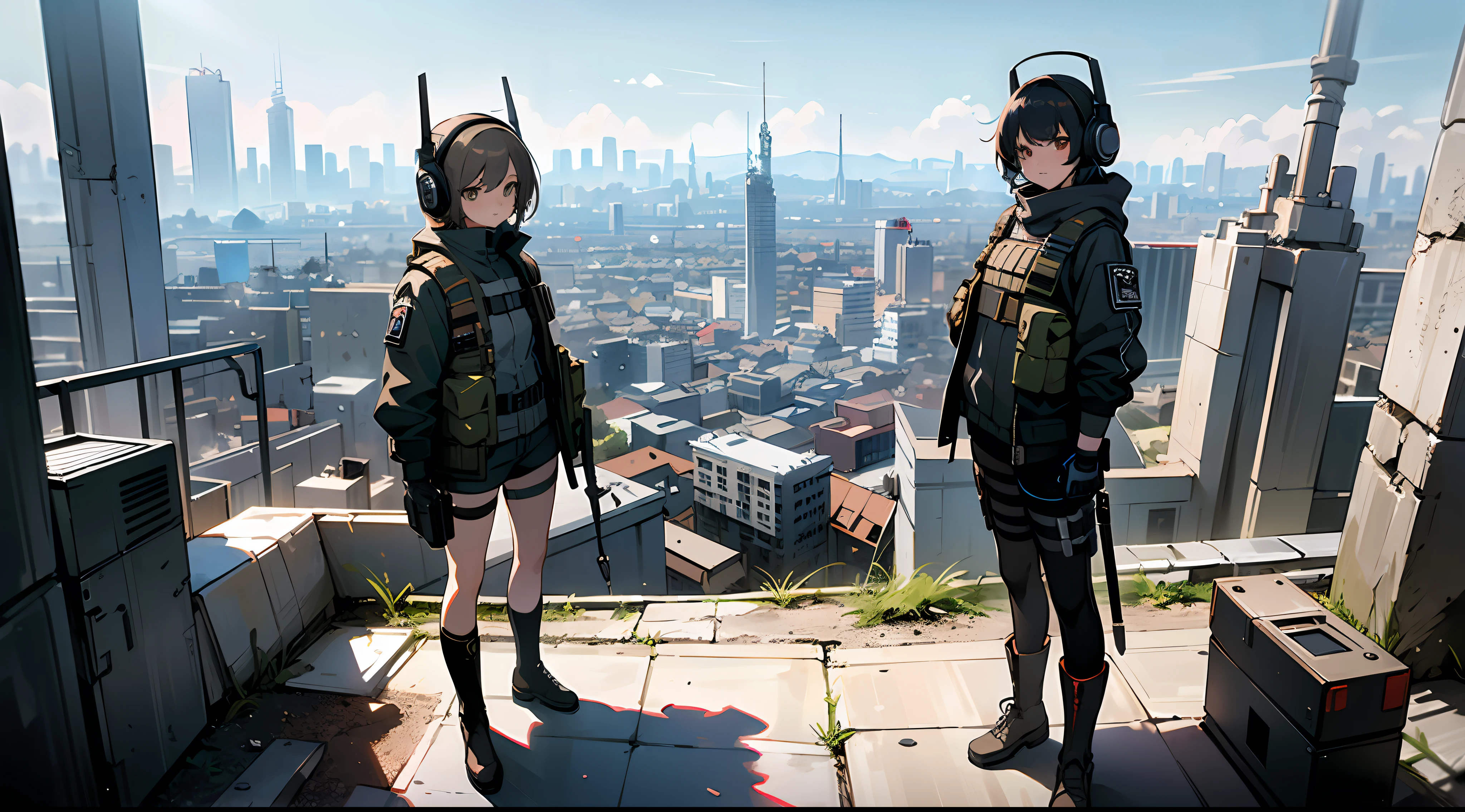 ((high quality)), ((masterpiece)), 8k, 2girls, bulletproof vest, light rays, extremely detailed CG unity 8k wallpaper, game cg, looking at viewer, gloves, boots, full body, watch, computer, mask, drone, holding weapon, headphones, jacket, (background city apocalypse) ruins , dust ,