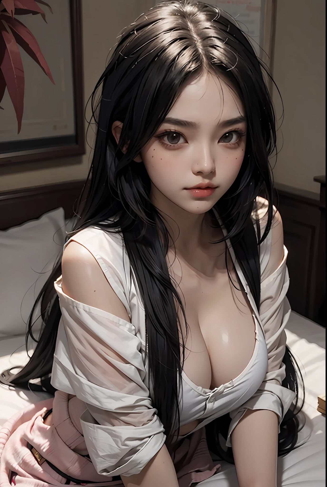 2 girls, black hair, open shirt, very long hair, breasts, in bed, best quality, blushing, rolling eyes, looking at the audience, teacher, big tits temptation, busty body, 8K, open chest