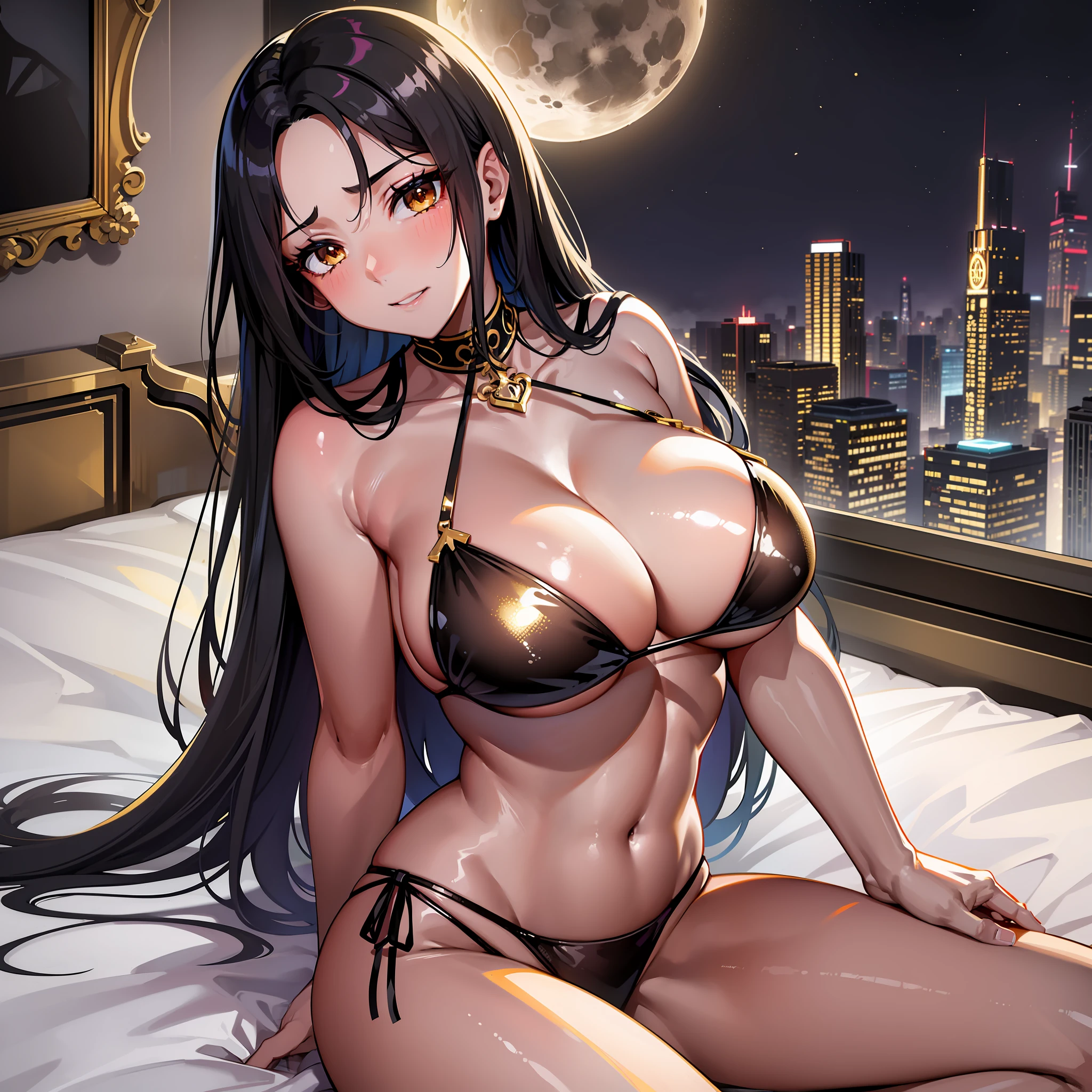 1girl ,young adult women ,tall ,black long straight hair ,beautiful models ,glossy body ,huge breasts ,乳首 ,gold metallic color micro size luster bikini ,Luxury hotel bedroom ,on bed ,midnight ,moonlight ,white skin ,股間溝、all body,