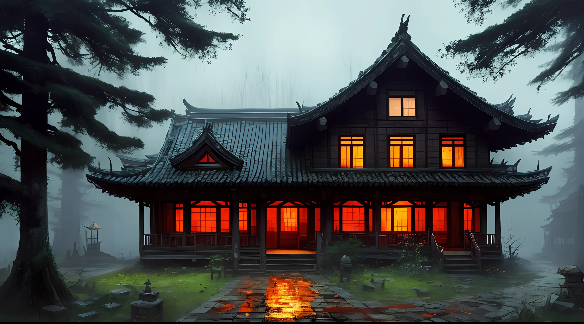 a dark old traditional chinese house in the woods, stefan koidl inspired, bussiere rutkowski andreas rocha, by maxim verehin, inspired by maxim verehin, inspired by Tomasz Jedruszek, dark cinematic concept art, eerie nostalgic concept art, inspired by Igor Kieryluk, inspired by Ismail Inceoglu