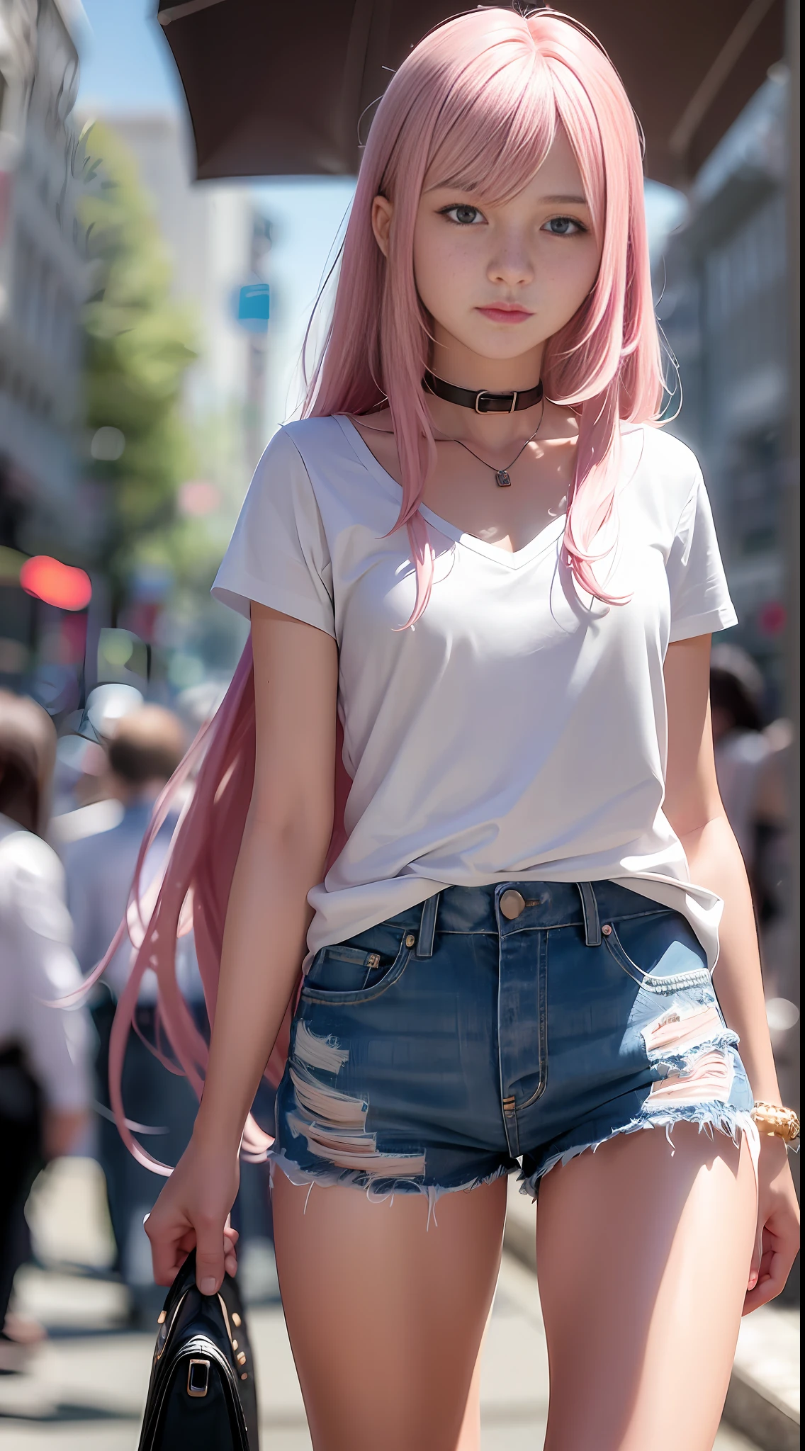((medium chest, tomboy, small head)), daylight, sunlight, (perfect body: 1.1), long hair, pink hair, slender legs, collar, chain, full body photo, crowded streets, wearing light blue t-shirt, denim shorts, (extremely detailed CG 8k wallpaper), (extremely delicate and beautiful), (masterpiece), (best quality: 1.0), (super high resolution: 1.0), beautiful lighting, perfect lightning, realistic shadows, [high resolution], detailed skin, super detailed