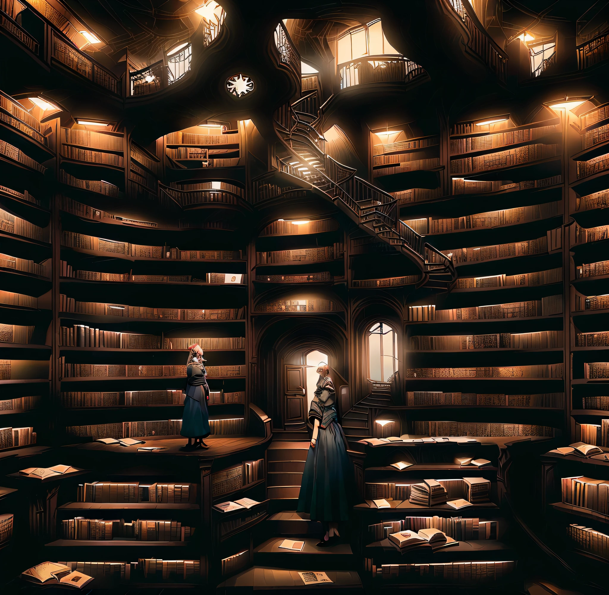 a drawing of a woman standing in a library with books, standing inside a magic library, library of ruina concept art, infinite library, whole page illustration, in a ravaged library, infinite celestial library, gothic epic library concept, library of babel, in a library, vast library, in a gloomy library, library background, full page illustration, dusty library