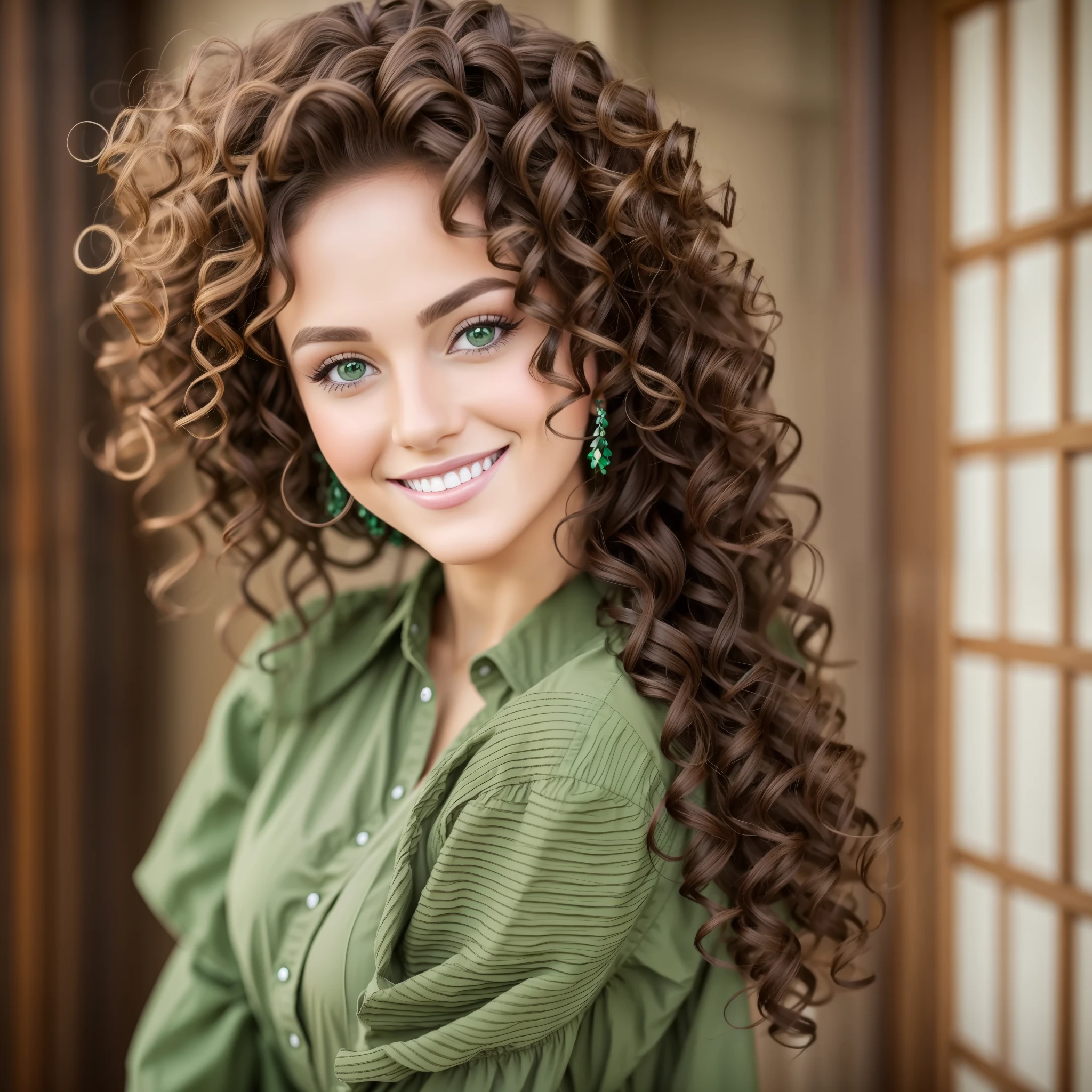 Beautiful smile, green eyes, curly hair, makeup, detailed clothes, skin, brunette, masterpiece, realistic, --auto --s2