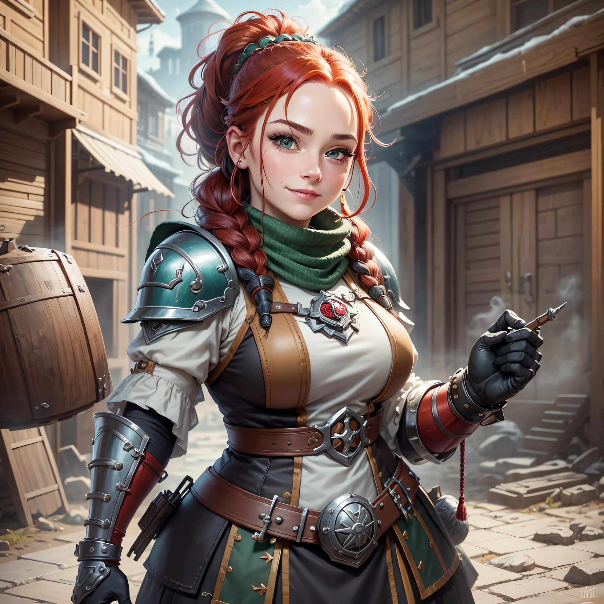 Draw a picture of a dwarf of the dwarven race with braided red hair and green eyes. Her face has a radiant teenage smile, with fleshy lips adorned with vibrant lipstick. Despite her youthful appearance, the dwarf has ample breasts that emphasize her femininity. She has a delicate countenance reminiscent of a beautiful Swiss girl.
Seen in steam armor, the dwarf stands out with its clothing made of scraps and repurposed materials. The armor has a unique and robust style, reflecting his ability to improvise and adapt to circumstances. Despite being built from scrap, steam armor is functional and provides adequate protection.
The dwarf possesses a confident and determined posture, displaying an aura of courage and tenacity. Her gaze expresses the wisdom of someone who faced many challenges and emerged victorious. She is a formidable warrior, able to use her strength and combat skills to protect her community and fight for what she believes in.
Highlight the details of the character, highlighting the facial features, the hairstyle of the braided red hair and the smiling expression on her jovial face. Remember to incorporate the bright green eyes that convey liveliness and curiosity. Also, ensure that the steam armor made of scraps is visually interesting, with industrial elements and features that reflect the ingenuity of the dwarf.
Be sure to capture the essence of the character as a brave and determined dwarf, able to overcome adversity with her physical and mental strength. However, it also conveys your femininity and beauty, balancing the image between strength and delicacy.
Use your creativity to bring this character to life visually, capturing the elements described and adding her unique artistic touch to create a stunning image of the soul dwarf in her steam armor made from scraps. --auto --s2