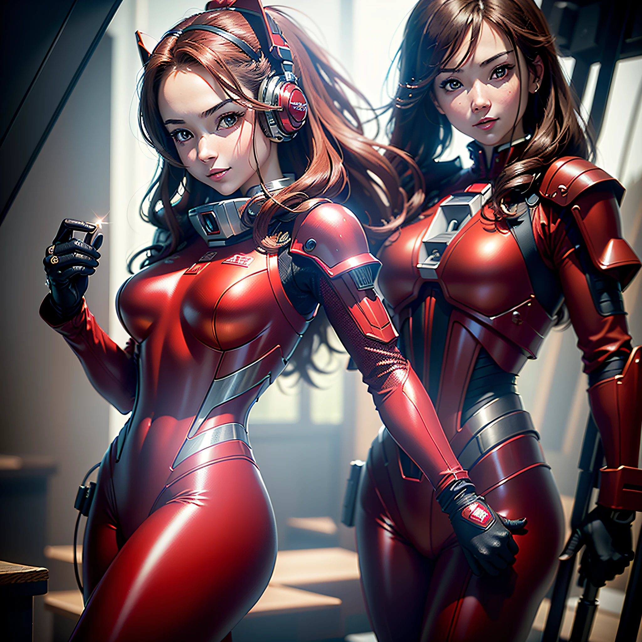 (Masterpiece, Best Quality, Best Resolution, distinct_image, Very Elaborate CG, Cinematic Lighting, Ray Tracing, Drop Shadows, Detailed Detail, (Photorealistic: 1.4), High Quality Textures, Detailed, Realistic Face Expression): (Girl Alone, Face Japan People, (Crimson Long Hair: 1.2), Small Size Breasts, Detailed Gundam cockpit with sparkly red colored eyes, eye level shots, metallic red colored flight suits, tight-fitting clothes, full-body covering clothes, light smile, beauty, slim body, exoskeleton, heroine, headset, long boots, gloves, solo ride)