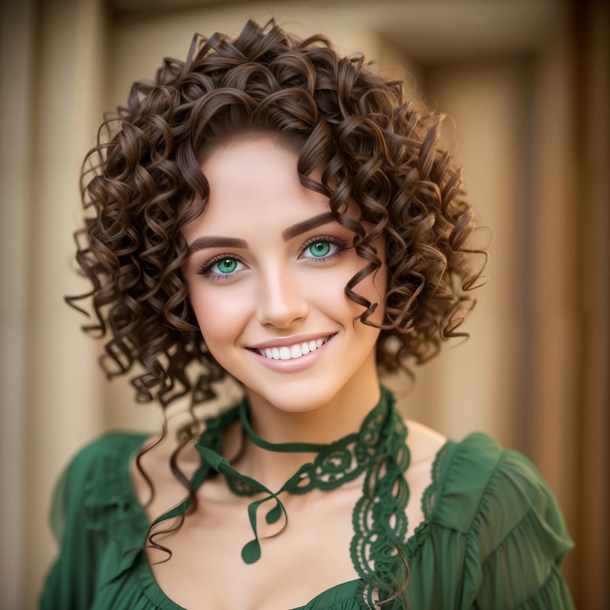 Beautiful smile, green eyes, curly hair, makeup, detailed clothes, skin, brunette, masterpiece, realistic, --auto --s2