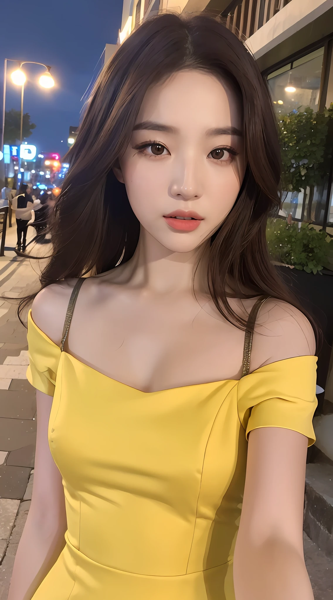 ((Realistic lighting, Best quality, 8K, Masterpiece: 1.3)), Clear focus: 1.2, 1girl, Perfect Figure: 1.4, Slim Abs: 1.1, ((Dark brown hair)), (Yellow dress: 1.4), (Outdoor, Night: 1.1), City Street, Super Fine Face, Fine Eyes, Double Eyelids,