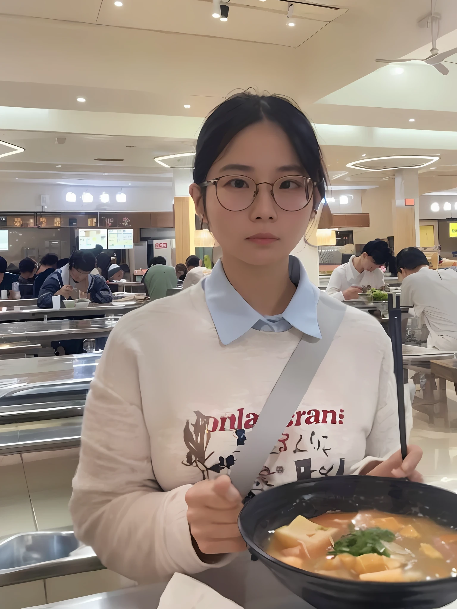 Woman holding a bowl of rice holding spoon in restaurant, Ye Wenfei, student, Korean girl, Yingying, Nam Jae-yeon, Kim Do-young, inspired by Ma Won-woo, Chen Xintong, Lin Wenjun, Lee Zixin, Sung Yanjun, Choi Hyun-hwa, profile photo, handsome girl, Mubang, manga style