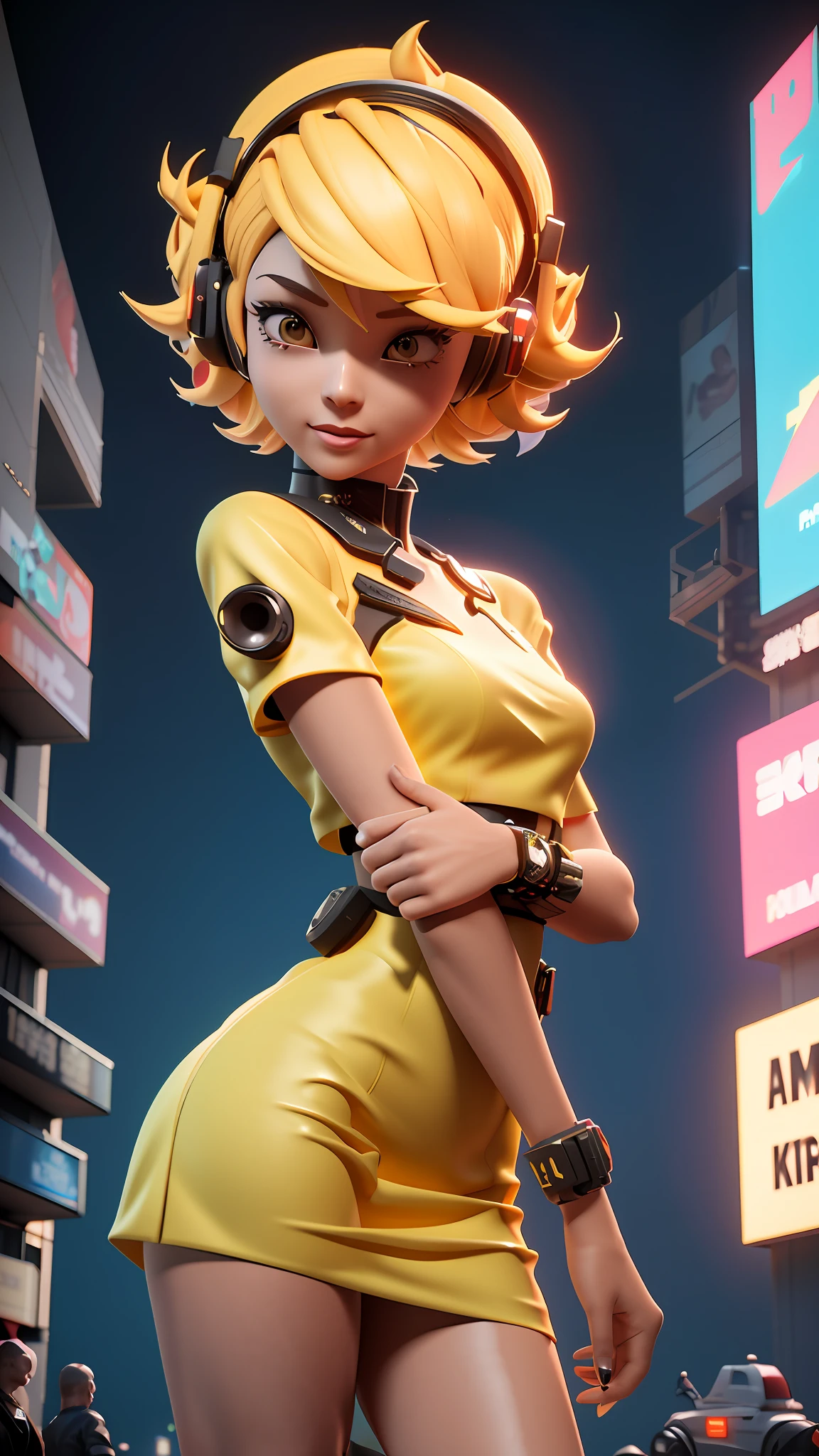 there is a woman in a yellow dress posing for a picture, 3 d render character art 8 k, cgsociety masterpiece, 3 d render stylized, anime styled 3d, render of a cute 3d anime girl, cyberpunk 2 0 y. o model girl, cgsociety inspired, wojtek fus, trending on artstation 4k, 3 d character art