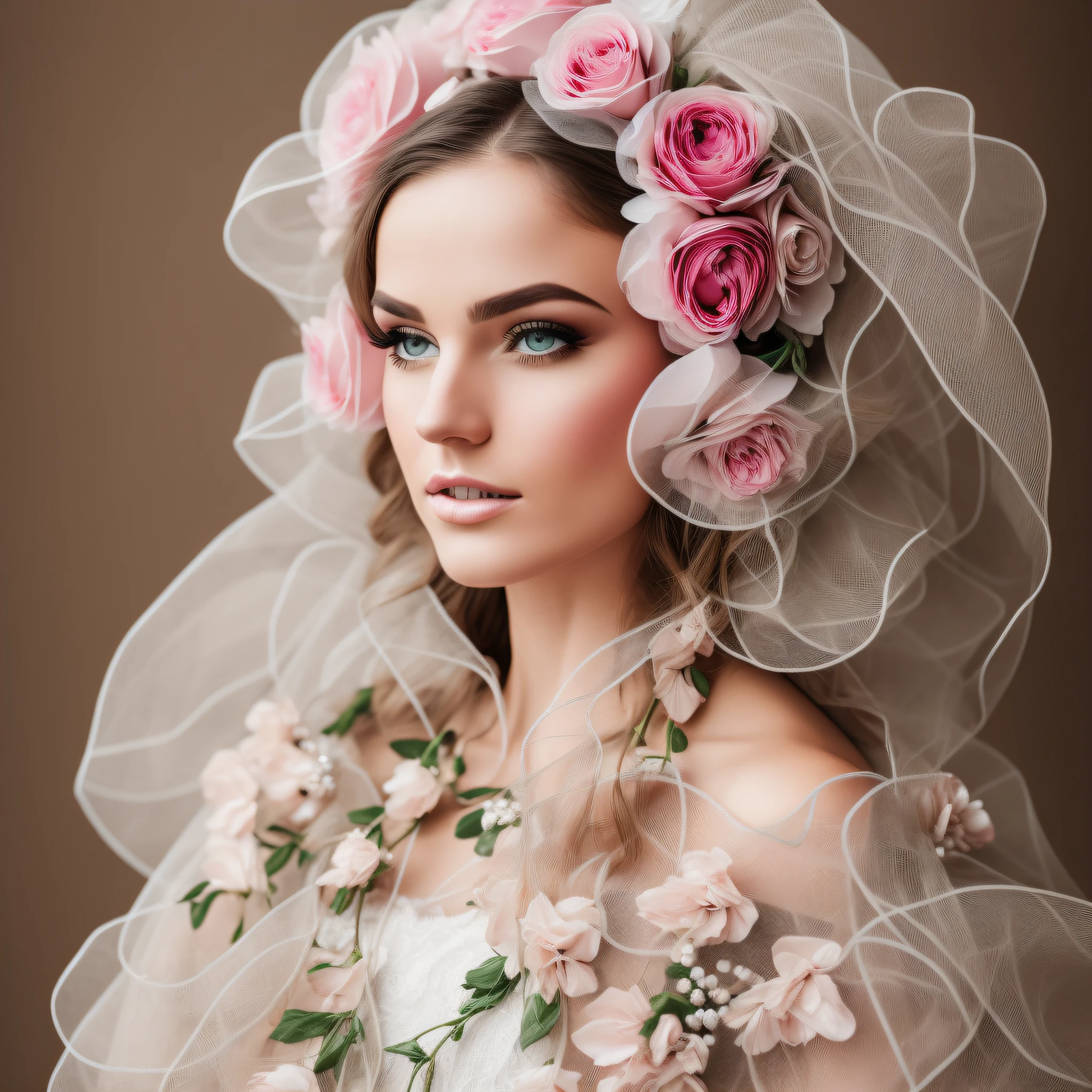 haute couture fashion portrait of a woman, beautiful woman, flowers covering head, flowers covering face