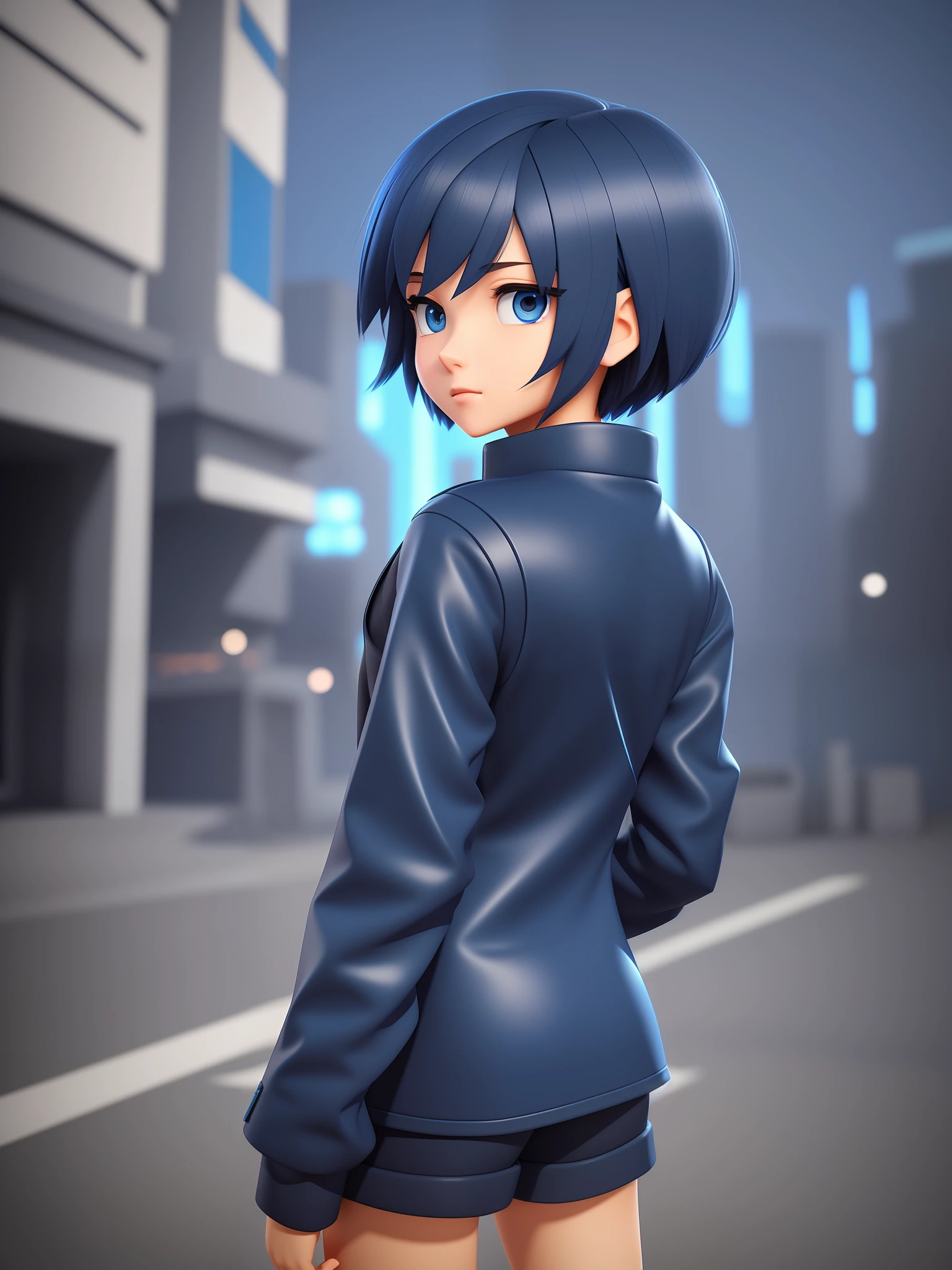 Young girl, a cartoon character light dark blue clothing, (short hair and dark blue), stylized character, animation character, stylized 3d render, 3d character, highly detailed character, stylized anime, stylized 3d, render character, character model, close up, maximum quality