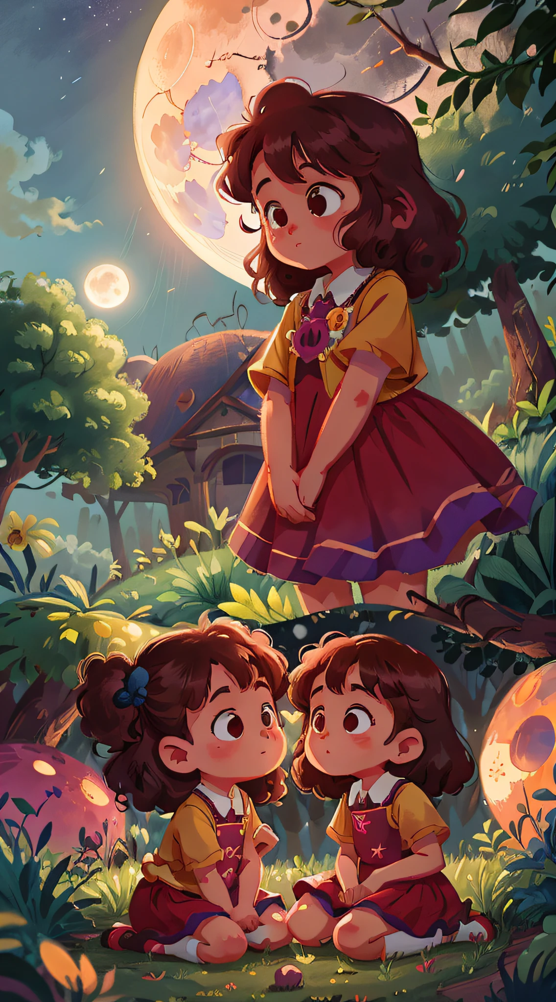 Two twin girls staring at the giant, gorgeous moonlight in the sky, curly brown hair.