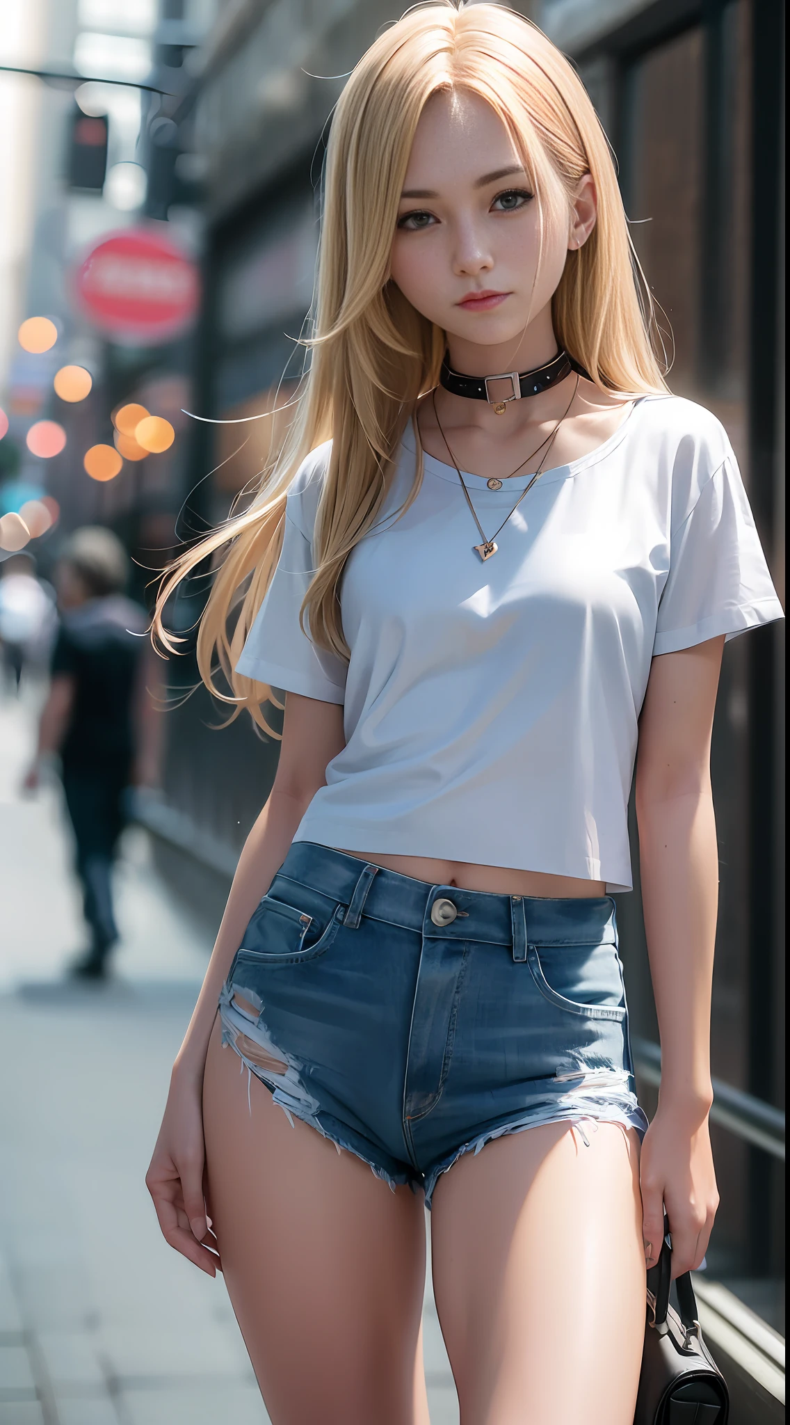 ((medium chest, tomboy, small head)), daylight, sunlight, (perfect body: 1.1), long hair, blonde hair, slender legs, collar, chain, full body photo, crowded streets, wearing light blue t-shirt, denim shorts, (extremely detailed CG 8k wallpaper), (extremely delicate and beautiful), (masterpiece), (best quality: 1.0), (super high resolution: 1.0), beautiful lighting, perfect lightning, realistic shadows, [high resolution], detailed skin, super detailed