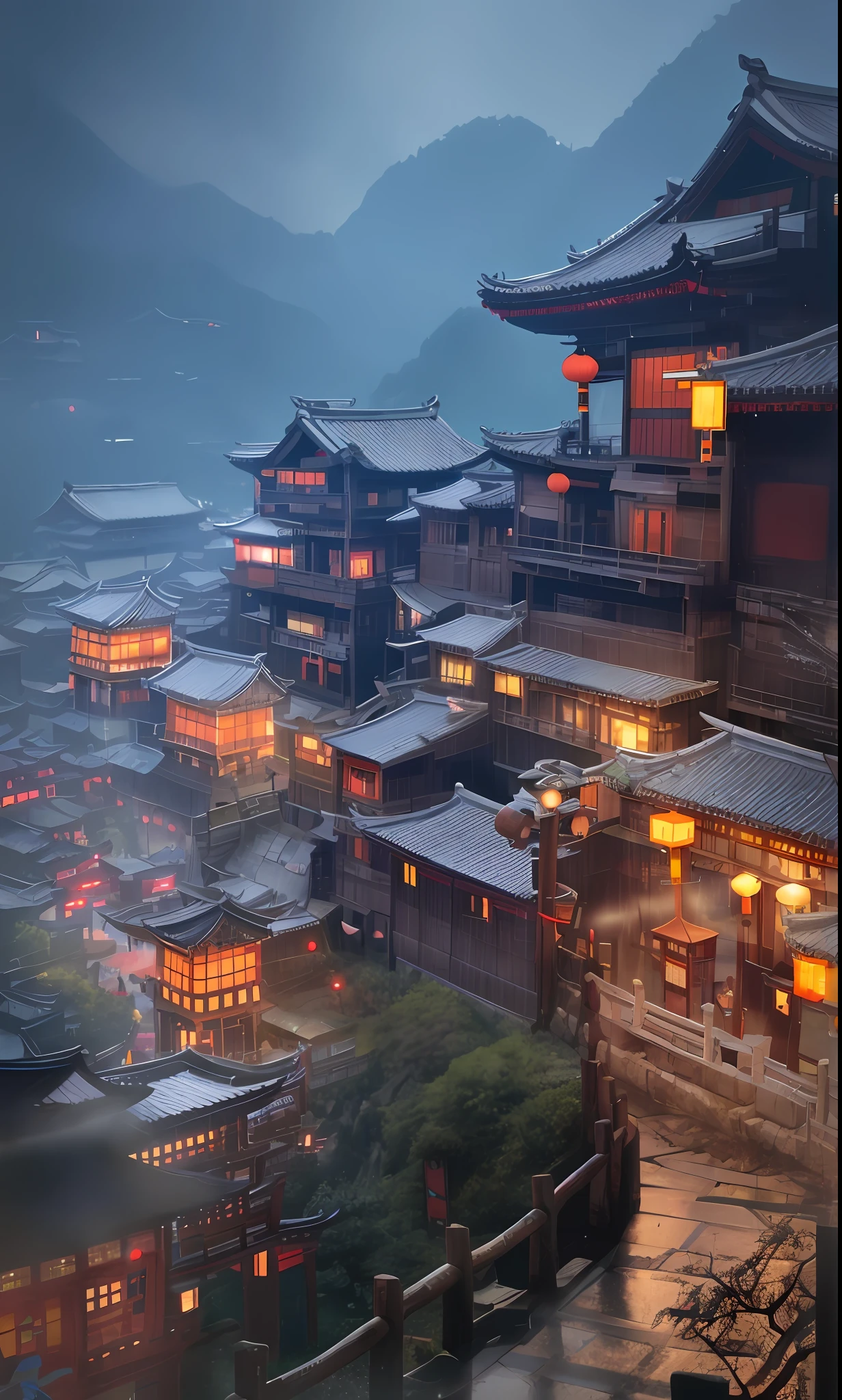 arafed view of a village with a lot of lights on the buildings, dreamy chinese town, chinese village, amazing wallpaper, japanese town, japanese village, hyper realistic photo of a town, old asian village, japanese city, by Raymond Han, rainy evening, cyberpunk chinese ancient castle, beautifully lit buildings, at evening during rain, beautiful and aesthetic, photography, cinematic, 8k, high detailed ((Heavy rain)))