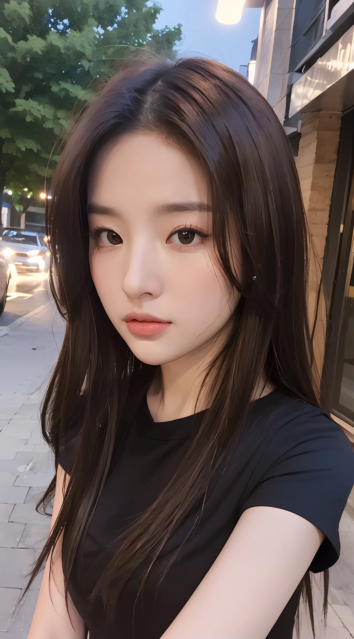 ((Realistic lighting, Best Quality, 8K, Masterpiece: 1.3)), Focus: 1.2, 1girl, Perfect Beauty: 1.4, Slim Abs: 1.1, ((Dark brown hair)), (T-shirt: 1.4), (Outdoor, Night: 1.1), City Street, Super Fine Face, Fine Eyes, Double Eyelids,