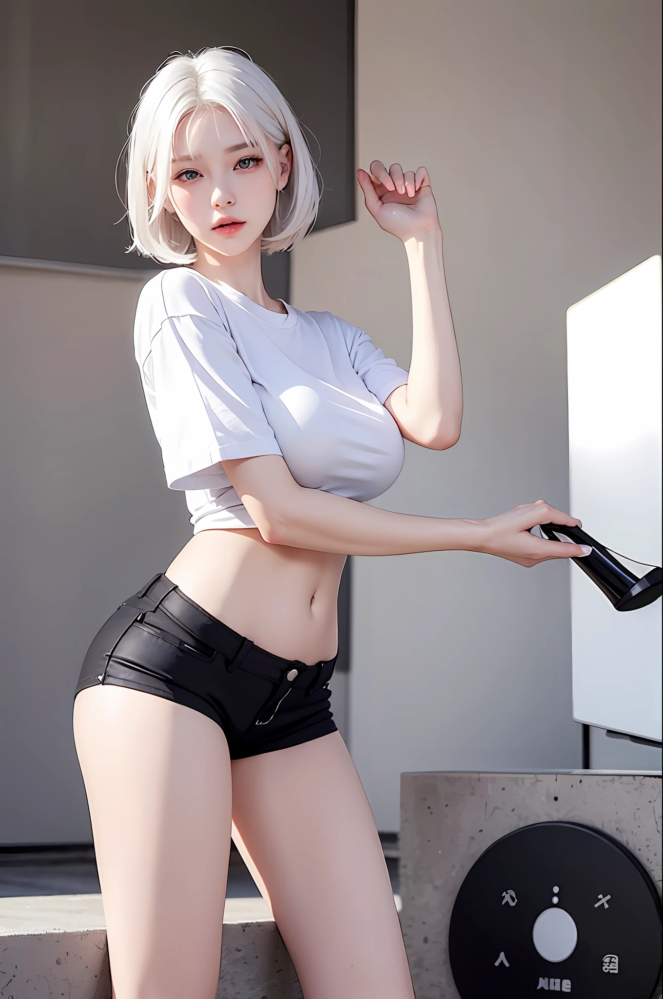 Realistic, high resolution, 1 girl, short white hair, korea, looks like winter with AESPA, blue eyes, loose white shirt, tight black shorts, long legs, wearing stockings, high heels, big breasts, HD quality