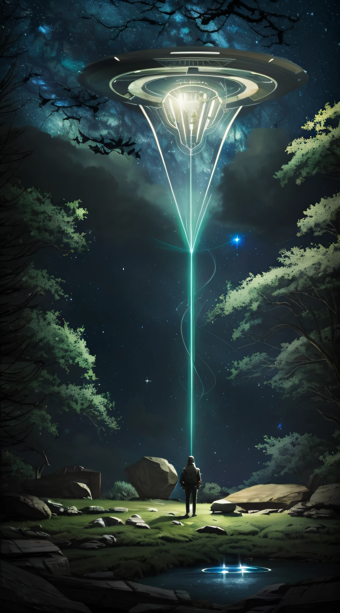 Create an image that evokes the fascination and curiosity surrounding alien abductions. Visualize a night scene, with a starry sky and a peaceful landscape. In the center of the picture, depict a human figure looking up, with an expression of admiration and surprise. Around her, mysterious beams of light emanate from a spaceship, hinting at an encounter between extraterrestrial beings and humanity. Use muted colors and subtle lighting to create an atmosphere of mystery and wonder. Convey the feeling of an experience beyond our world, where the unknown becomes a source of questioning and exploration