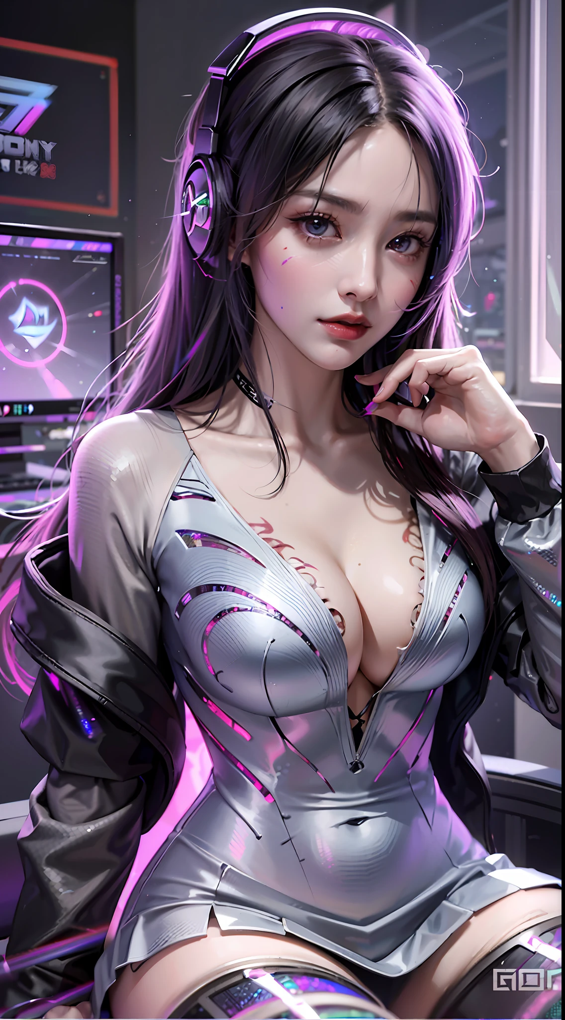 ((((7分身镜头)))),cowboy_shot,masterpiece, best quality,ultra-detailed, extremely detailed 16k CG wallpaper,beautiful face,(a esport mature demon in esport room),(perfect beautiful curvy figure),sitting,iridescent gem eyes,crescentic pupils, wearing resin holographic open coat,crop top overhang,mini Pleated skirt,Bell collar,logo,Iong hair,Contour light, concert, neon lights, audio, Bell collar,esports headphones,computer, esports room, playing games, white inside through the red skin,Holographic projection,planisphere,graffiti signs,highly detailed tattoo_,gothic,cyberpunk,fantasy,Science fiction,From the movie Matrix,Sparkling light flowing string,anti-magic three-dimensional protective shield,iridescetnt,stunning,chic,gorgeous,attractive,amazing,((((7分身镜头)))),cowboy_shot
创作信息