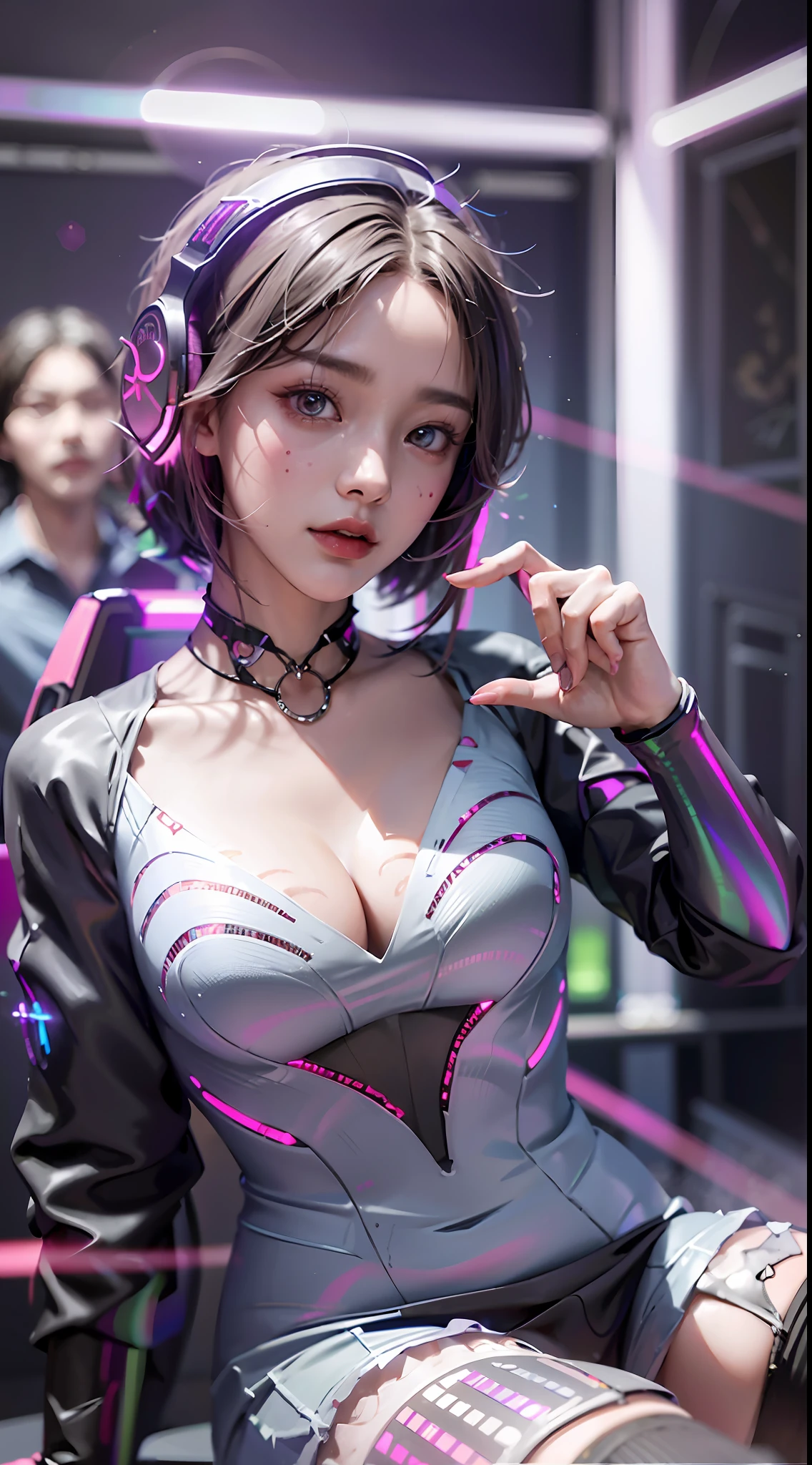 ((((7分身镜头)))),cowboy_shot,masterpiece, best quality,ultra-detailed, extremely detailed 16k CG wallpaper,beautiful face,(a esport mature demon in esport room),(perfect beautiful curvy figure),sitting,iridescent gem eyes,crescentic pupils, wearing resin holographic open coat,crop top overhang,mini Pleated skirt,Bell collar,logo,Iong hair,Contour light, concert, neon lights, audio, Bell collar,esports headphones,computer, esports room, playing games, white inside through the red skin,Holographic projection,planisphere,graffiti signs,highly detailed tattoo_,gothic,cyberpunk,fantasy,Science fiction,From the movie Matrix,Sparkling light flowing string,anti-magic three-dimensional protective shield,iridescetnt,stunning,chic,gorgeous,attractive,amazing,((((7分身镜头)))),cowboy_shot
创作信息