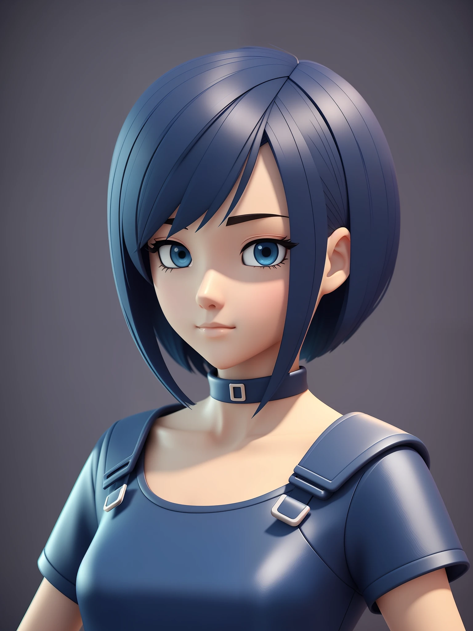 Young girl, a cartoon character light dark blue clothing, (short hair and dark blue), stylized character, animation character, stylized 3d render, 3d character, highly detailed character, stylized anime, stylized 3d, render character, character model, close up, maximum quality