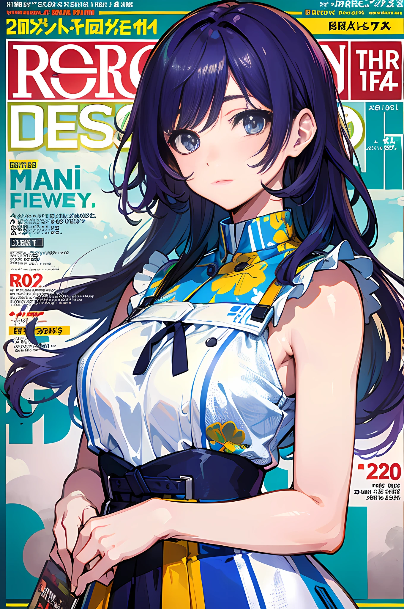 masterpiece, best quality, spring outfit, colorful hair, outdoor, magazine cover ,upper body,