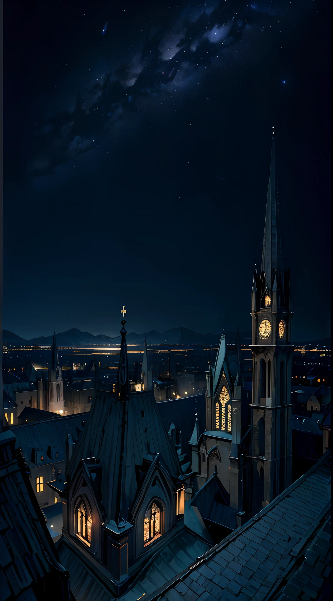 (scenery, no humans, night view:1.8), (stunning cityscape, stone buildings, rooftop of church, night sky, darkness:1.2), masterpiece, best quality, raw photo, HDR, bay city, rim lighting, black shadows, cinematic shadow, particle, perspective, depth of field, sharp focus, HDR, highres, photography, realistic, highest detailed, extreme detailed, ultra detailed, finely detail