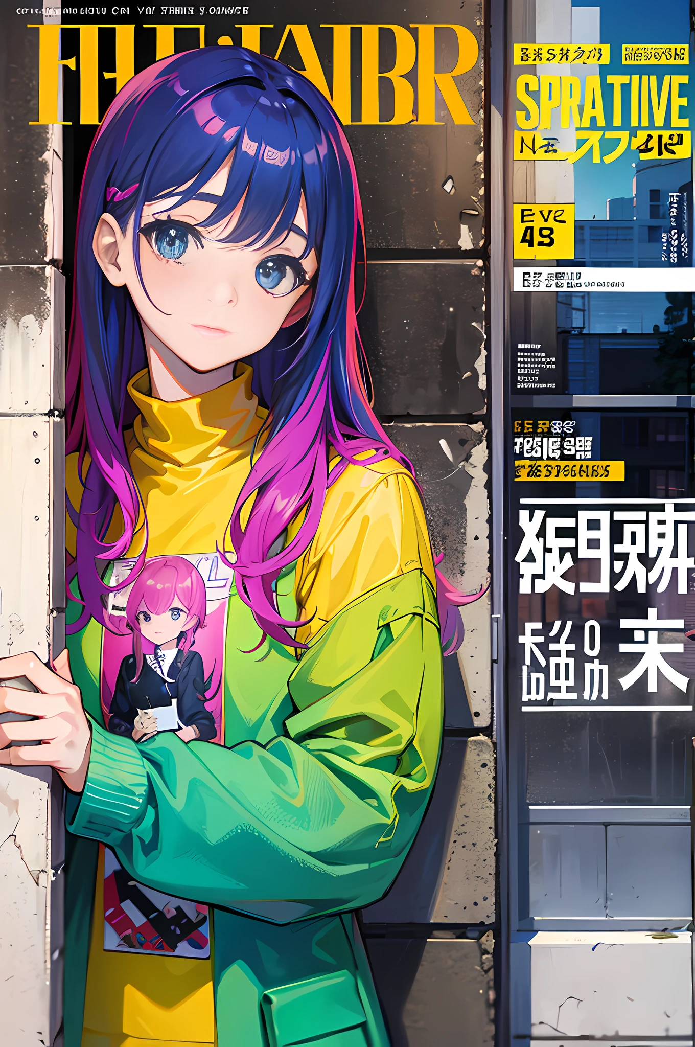 masterpiece, best quality, spring outfit, colorful hair, outdoor, magazine cover ,upper body,