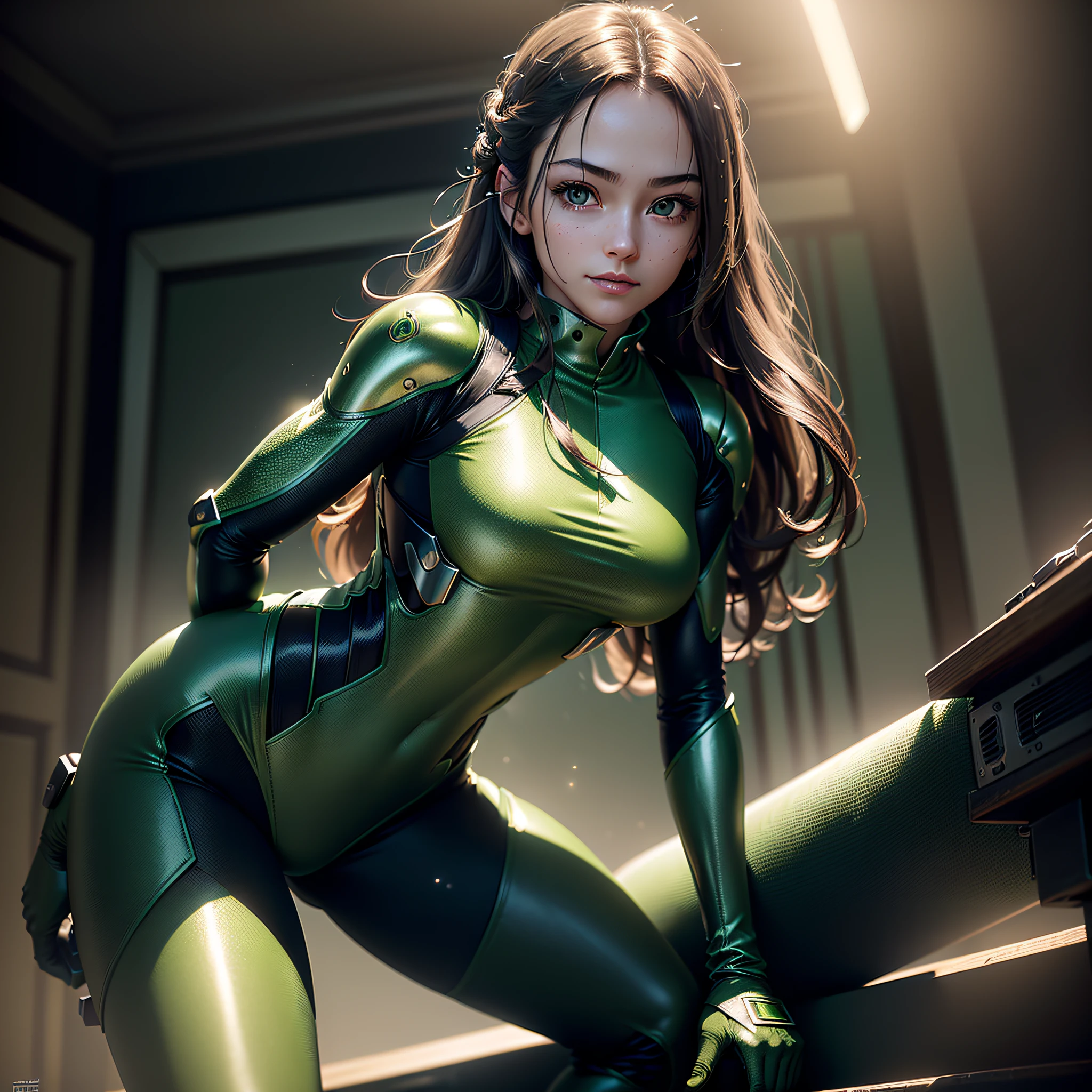 (Masterpiece, highest quality, highest resolution, distinct_image, very elaborate CG, cinematic lighting, ray tracing, drop shadows, detailed detail, (photorealistic: 1.4), high quality textures, fine-grained, realistic facial expressions): (Girl alone, face is Japan, (dark green long hair: 1.2), small size breasts, Sparkly red colored eyes, eye level shots, metallic green colored flight suit, tight fit clothes, full-body clothing, light smile, beauty, slim body, exoskeleton, heroine, headset, long boots, gloves, leaning forward straddling the vehicle)