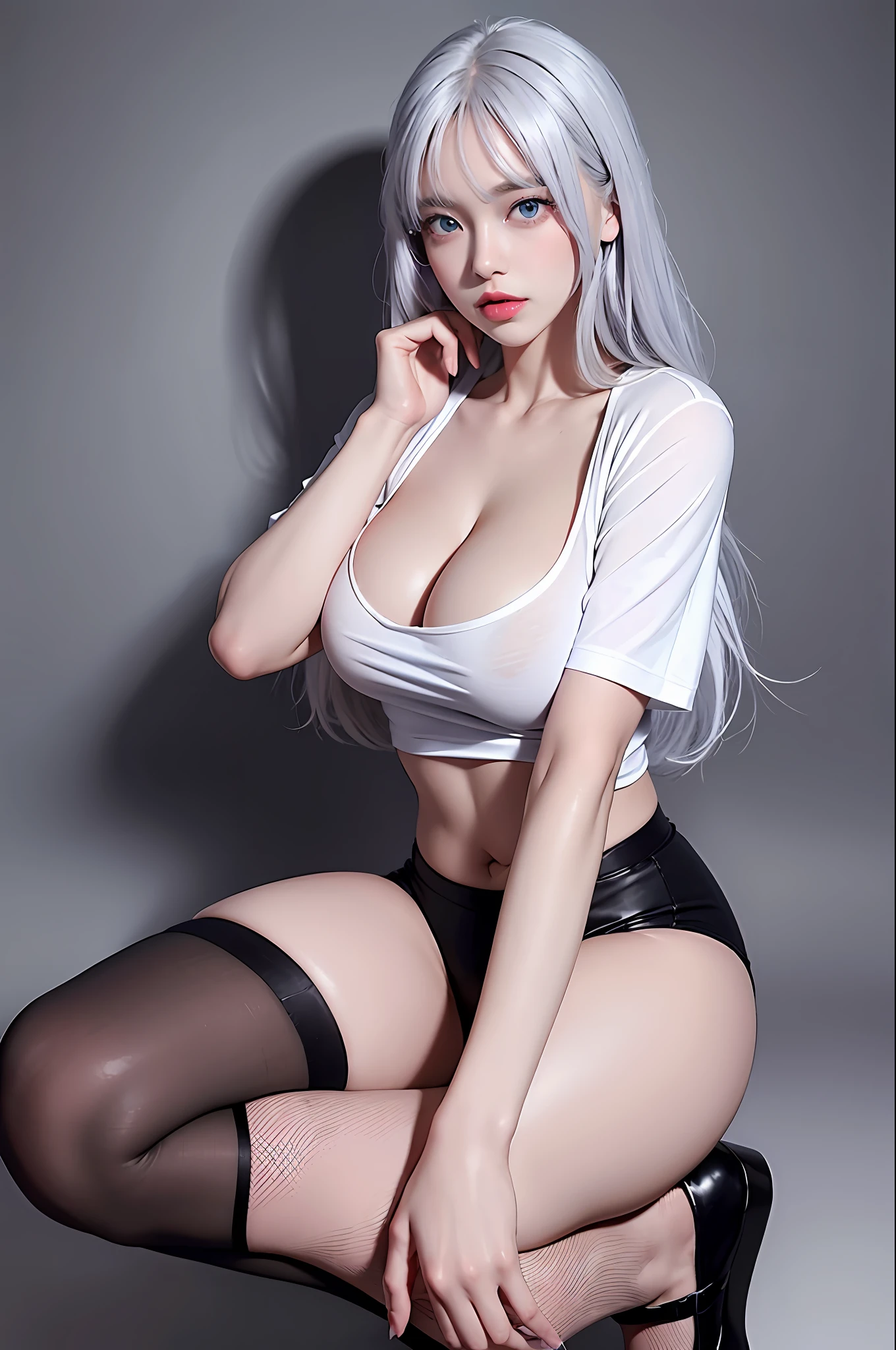 Realistic, high resolution, 1 girl, silver hair, Korean, blue eyes, loose white shirt, tight black shorts, thick thighs, full body photo, stockings, high heels, big breasts, HD quality