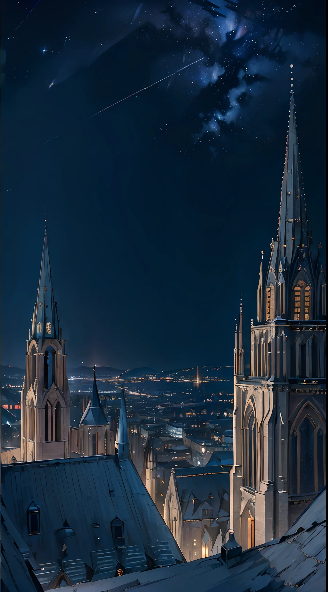 (scenery, no humans, night view:1.8), (stunning cityscape, stone buildings, rooftop of church, night sky, darkness:1.2), masterpiece, best quality, raw photo, bay city, rim lighting, cinematic shadow, particle, perspective, depth of field, sharp focus, HDR, highres, photography, realistic, highest detailed, extreme detailed, ultra detailed, finely detail