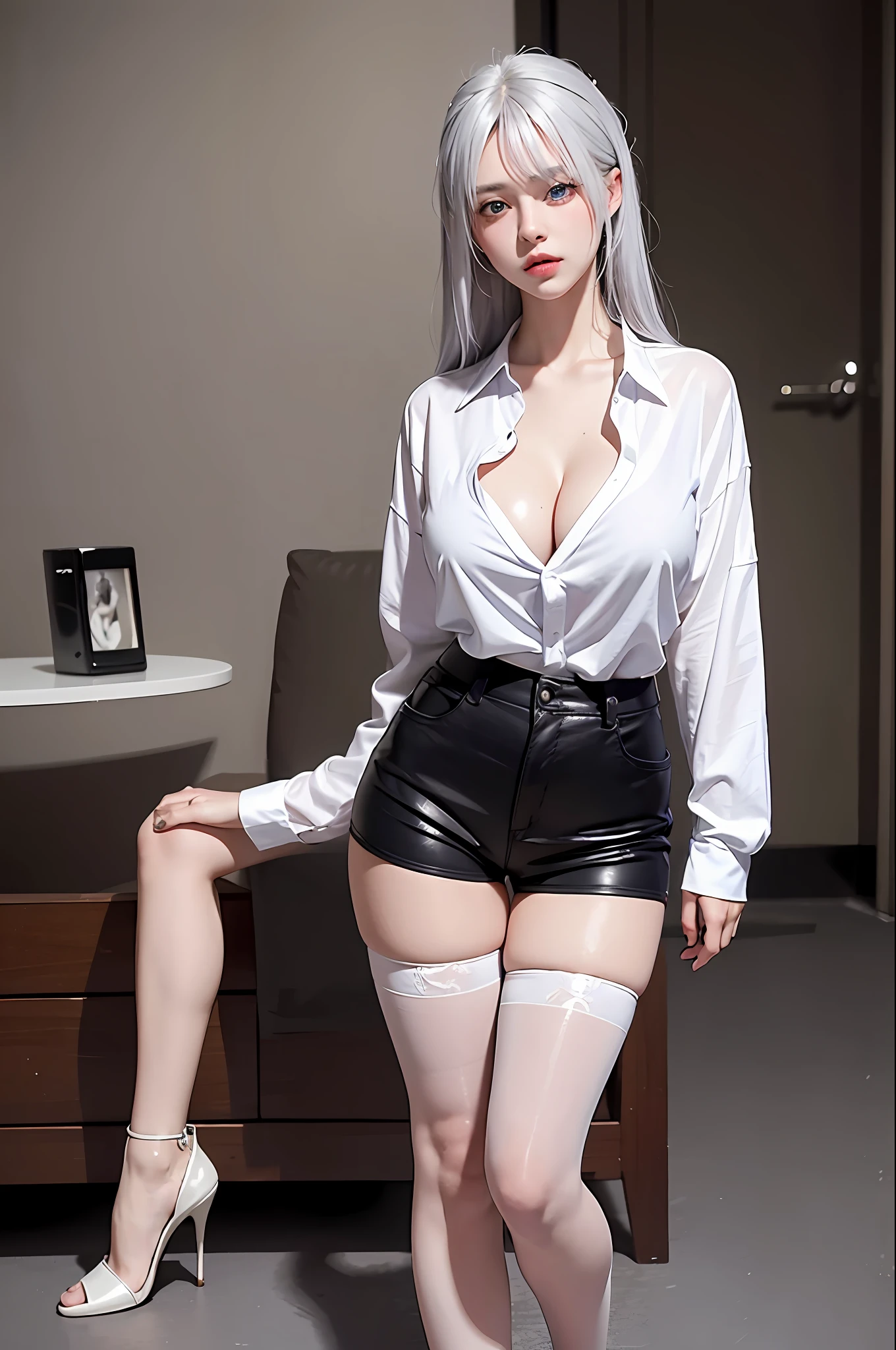 Realistic, high resolution, 1 girl, silver hair, Korean, blue eyes, loose white shirt, tight black shorts, thick thighs, full body photo, stockings, high heels, big breasts, HD quality