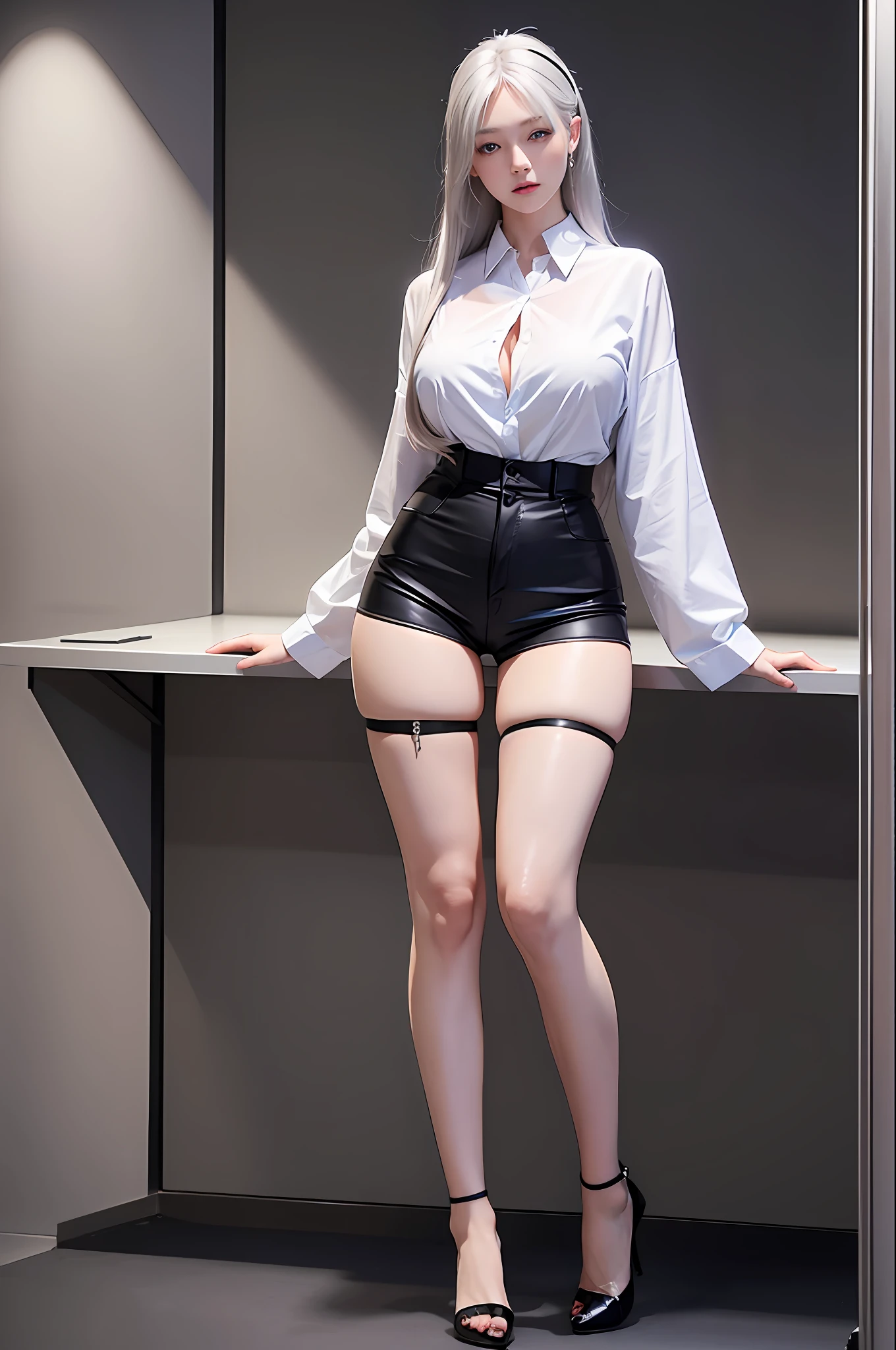 Realistic, high resolution, 1 girl, silver hair, Korean, blue eyes, loose white shirt, tight black shorts, thick thighs, full body photo, stockings, high heels, big breasts, HD quality