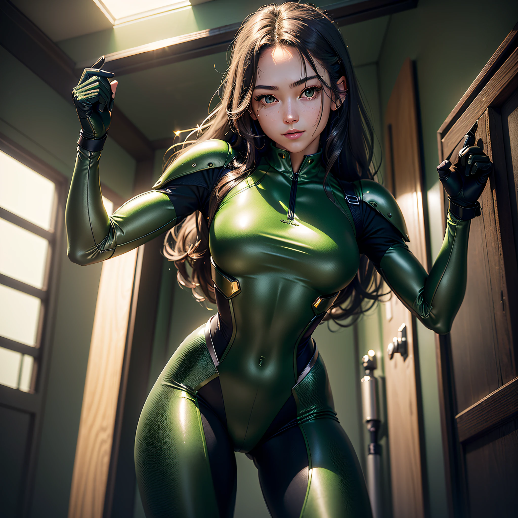 (Masterpiece, highest quality, highest resolution, distinct_image, very elaborate CG, cinematic lighting, ray tracing, drop shadows, detailed detail, (photorealistic: 1.4), high quality textures, fine-grained, realistic facial expressions): (Girl alone, face is Japan, (dark green long hair: 1.2), small size breasts, Sparkly red colored eyes, eye level shots, metallic green colored flight suit, tight fit clothes, full-body clothing, light smile, beauty, slim body, exoskeleton, heroine, headset, long boots, gloves, leaning forward straddling the vehicle)