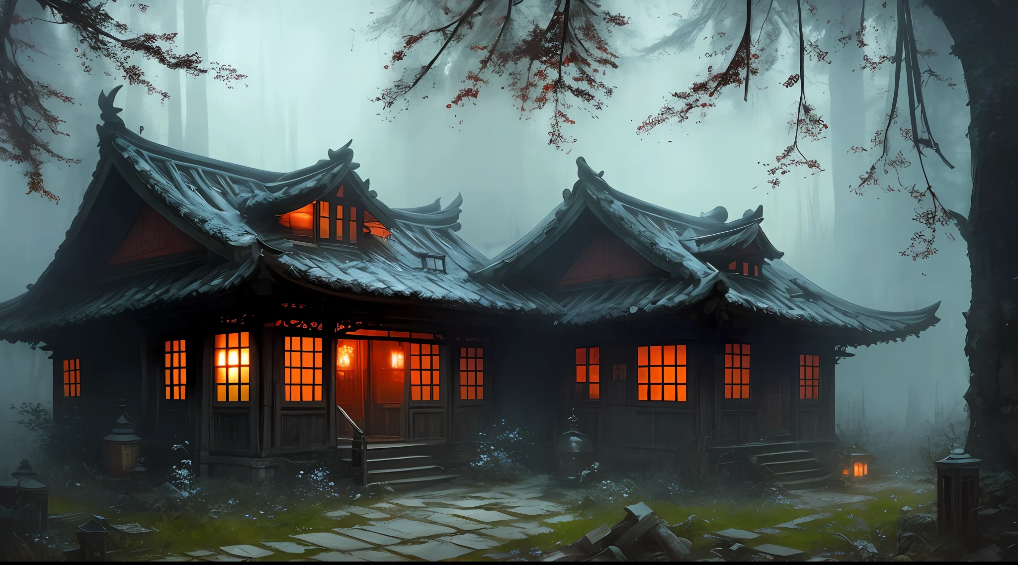 a dark abandoned traditional chinese courtyard house in the woods, stefan koidl inspired, bussiere rutkowski andreas rocha, by maxim verehin, inspired by maxim verehin, inspired by Tomasz Jedruszek, dark cinematic concept art, eerie nostalgic concept art, inspired by Igor Kieryluk, inspired by Ismail Inceoglu