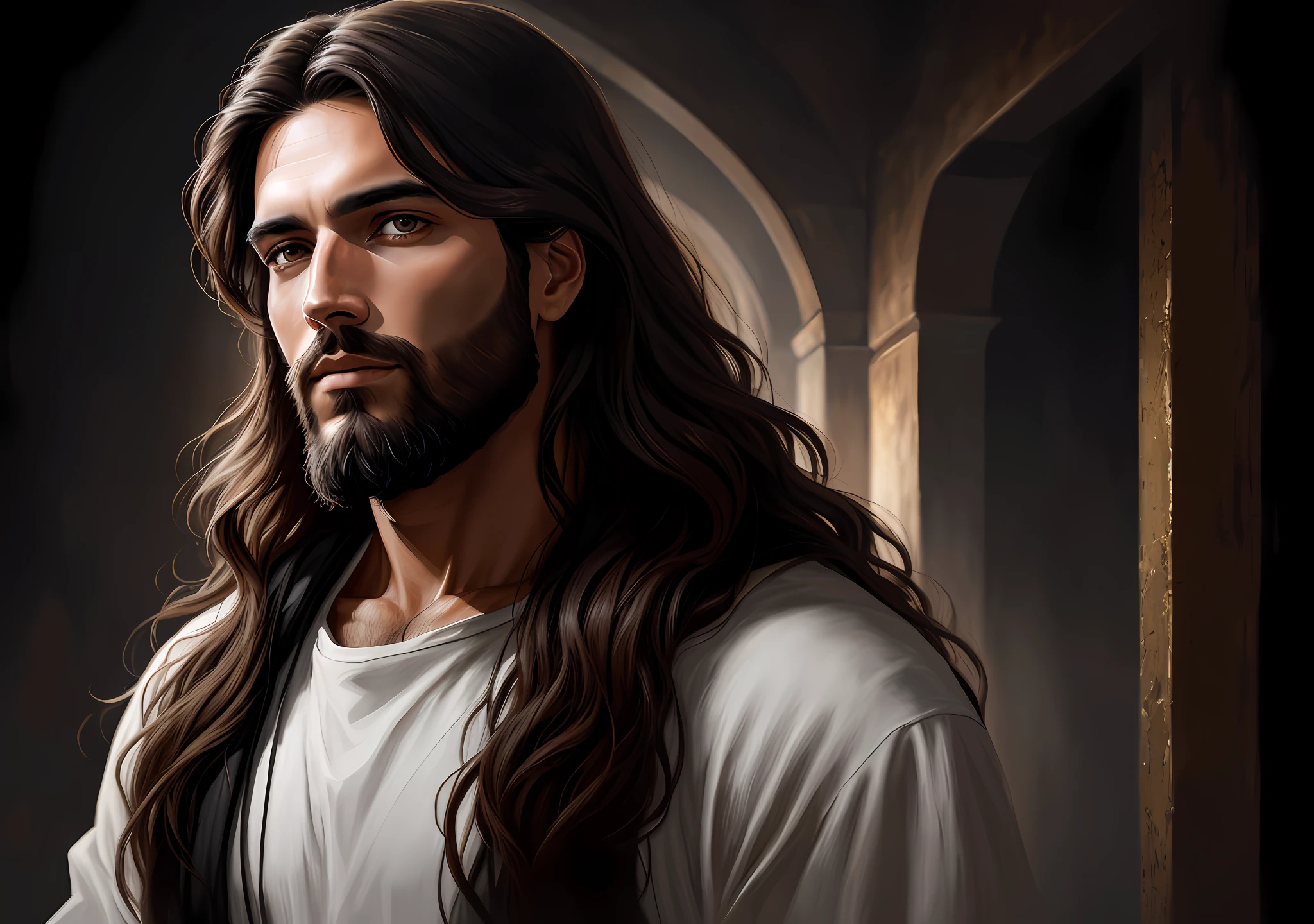 Jesus of Nazareth with a Bible, Big Hair and Brown Eyes, Beard, White Mantle, Black T-shirt, Portrait of Jesus Christ, Detailed Painting 4K, Jesus Christ, Painted in High Resolution, Digital Painting with 8K Resolution, Digital Painting with 8K Resolution, Digital Painting 8K, Digital Painting Detailed, Digital Painting Realistic, Digital Painting 4K, Digital Painting 4K, Digital Painting HD,  Ultra detail. digital painting, gorgeous digital painting