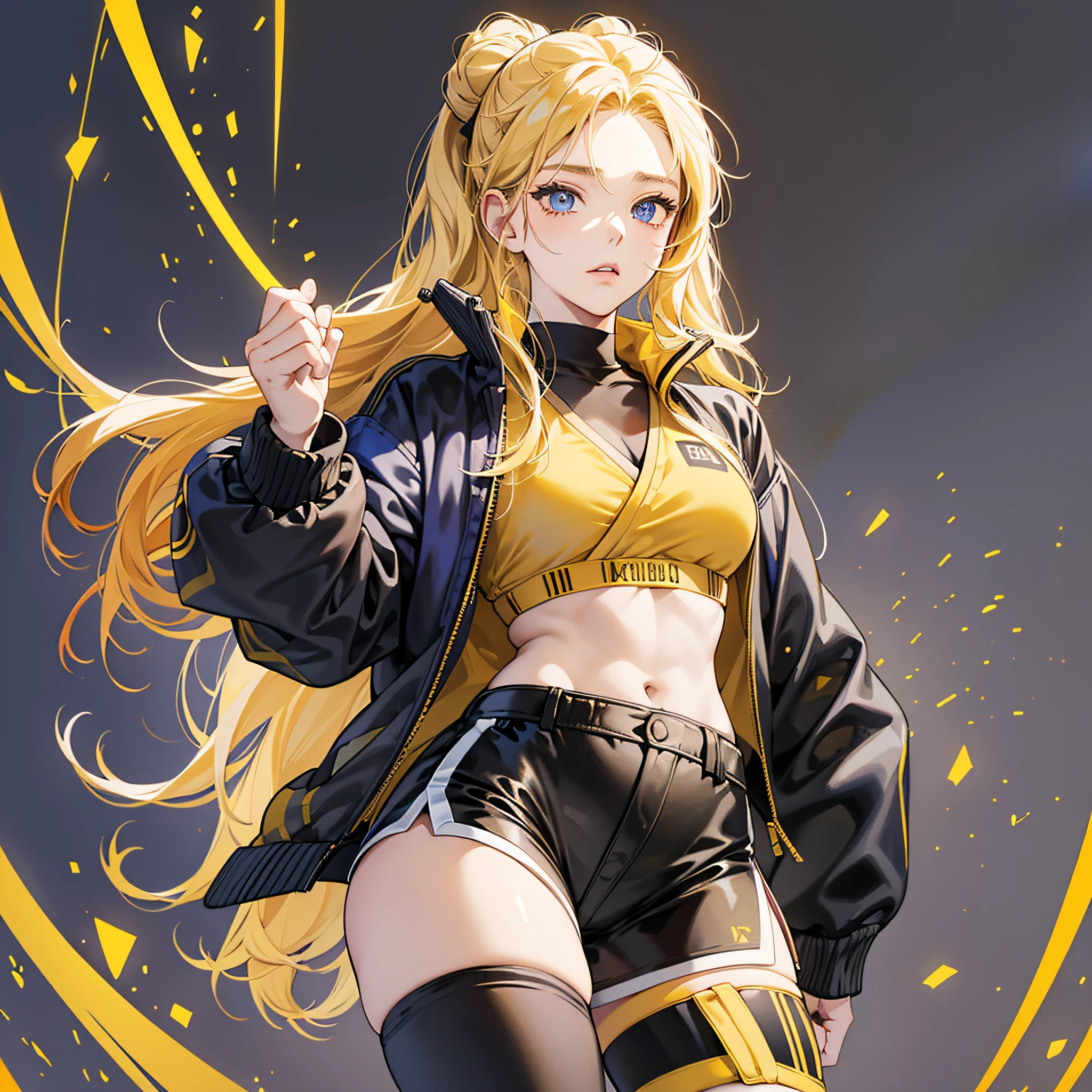 anime woman, mid 20s, long wavy golden blonde hair tied up, Indigo eyes, (wearing a yellow and black karate jacket), Black sports bra, black biking short, yellow knee pads, white and yellow athletic shoes --auto --s2
