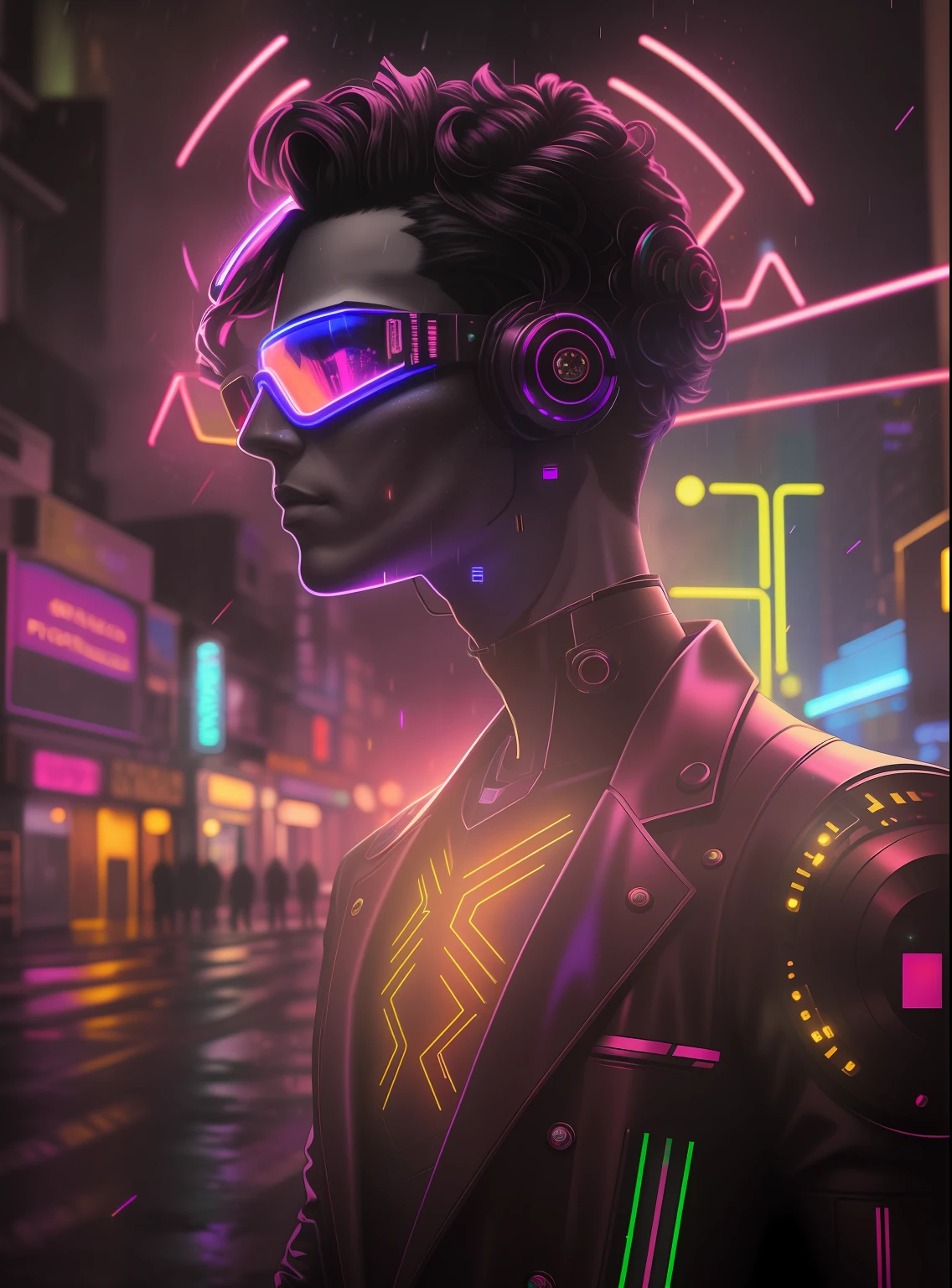 An award winning master piece photo of a cyborg man with psychedelic colors standing in a city street at night in the rain, wearing neon-colored glowing goggles, 8k, (high quality:1.1), (cinematic feeling:1.1), dark deep shadows, incredibly intricate detailing, art , (up close:1.1), from above, looking at viewer, (light sparkles:1.1), (chromatic aberration,:1.2) background with floating light artifacts