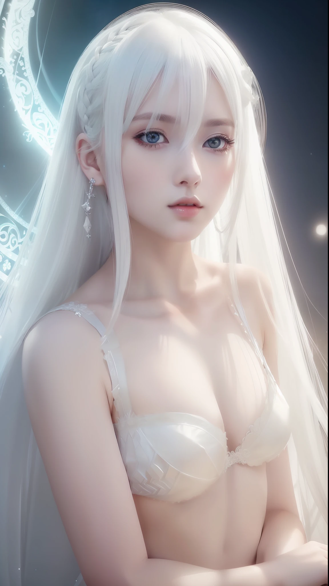 Excellent, masterpiece, white hair, golden eyes, white clothes, looking up, upper body, hair, fair skin, side braids, dragon girl, (aesthetic, pure beauty), (advanced light, sharp contrast, strong deep shadow strong), (perfect, details in place), (feminine, fantasy illustration, epic beauty, overhead lens, exquisite character art)