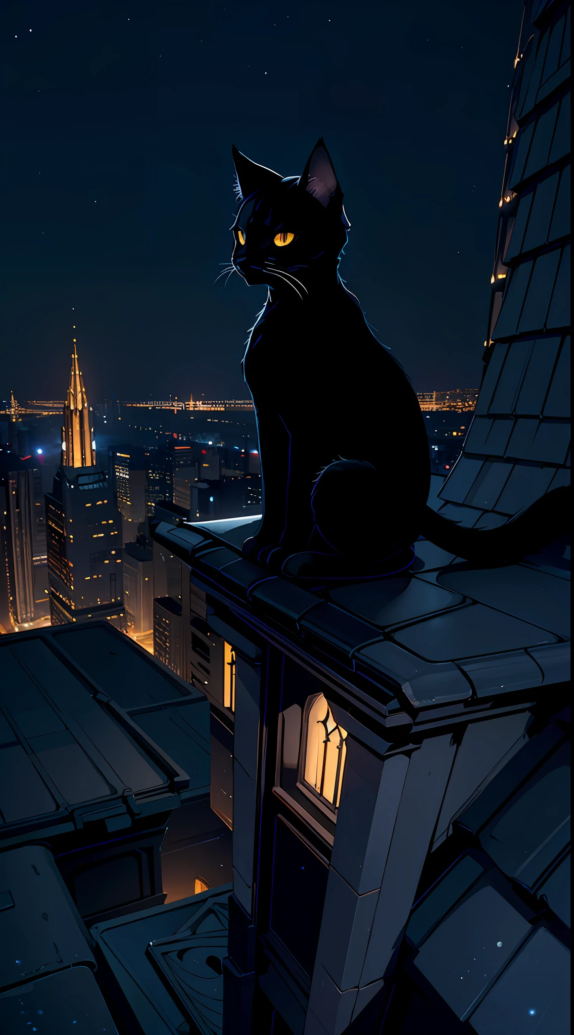 masterpiece, best quality, (stunning cityscape, bay city, scenery, small silhouette of cat on rooftop, night sky:1.2), rooftop of church, rim lighting, cinematic shadow, night view, particle, stone building, perspective, depth of field, sharp focus, HDR, highres, photography, realistic, highest detailed, extreme detailed, ultra detailed, finely detail