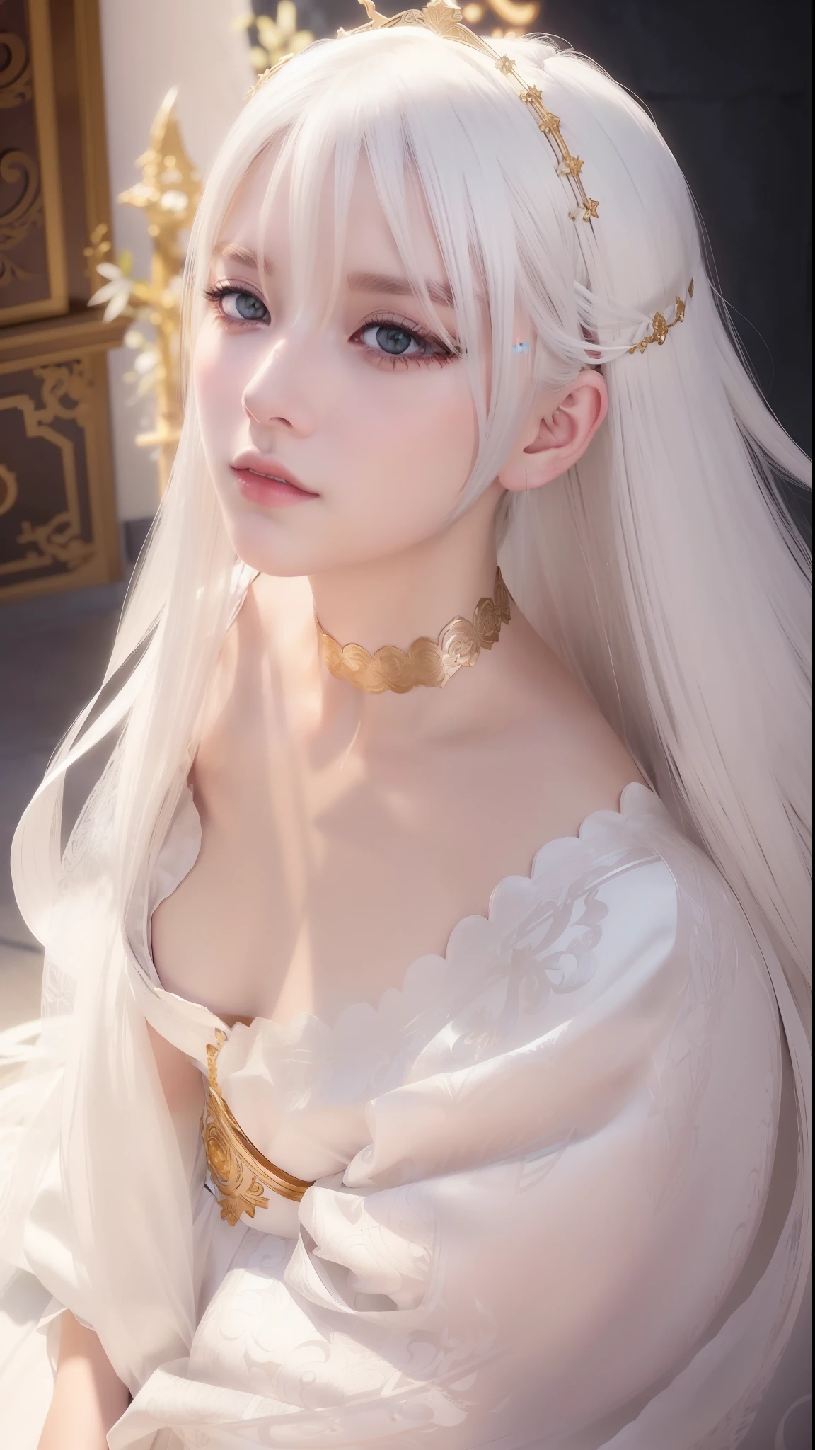 Excellent, masterpiece, white hair, golden eyes, white clothes, looking up, upper body, hair, fair skin, side braids, dragon girl, (aesthetic, pure beauty), (advanced light, sharp contrast, strong deep shadow strong), (perfect, details in place), (feminine, fantasy illustration, epic beauty, overhead lens, exquisite character art)