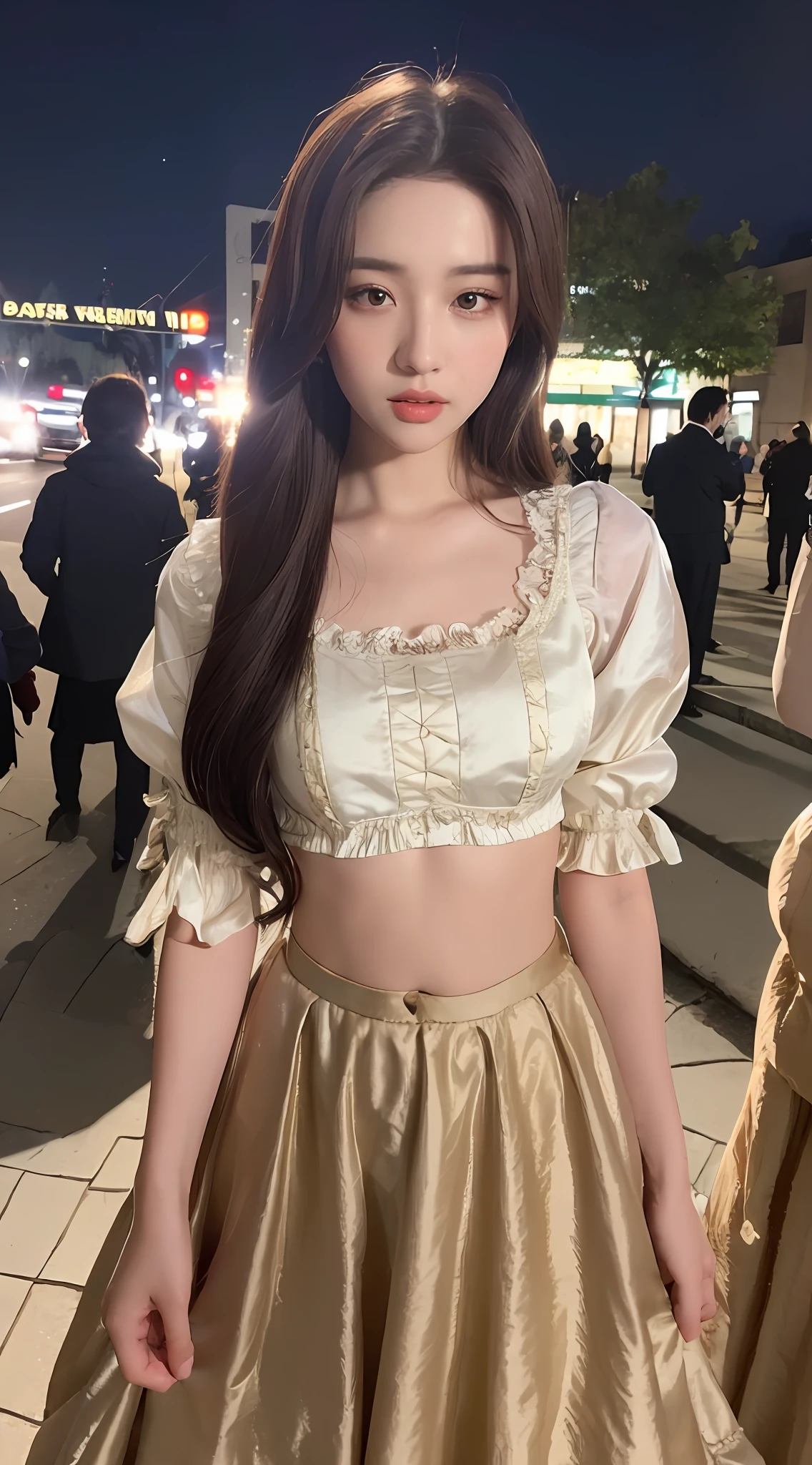 ((Realistic lighting, Best quality, 8K, Masterpiece: 1.3)), Focus: 1.2, 1girl, Perfect Beauty: 1.4, Slim Abs: 1.1, ((Dark brown hair)), (Lolita clothes, white silk: 1.4), (Outdoor, night: 1.1), City streets, Super fine face, fine eyes, double eyelids,
