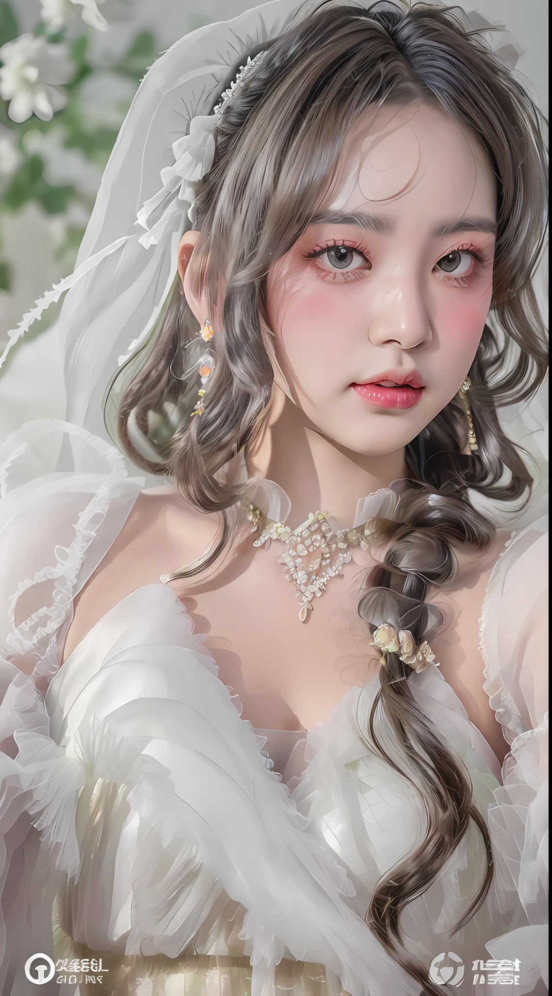 Very personal plus-size fat girl, close viewing angle, long hair, fashionable cool handsome, delicate facial features, big earrings [stud earrings] + necklace embellishment, (((fresh color tulle Hanfu, laser suit transmits brilliant light))), (flowers) background, ambient, close-up portrait photography