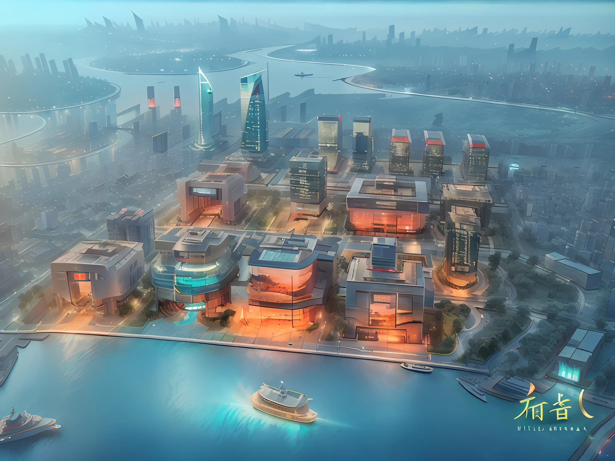 There is a big city with a ship in the middle, Guangzhou, city, mixed development, ultra-fine, ultra-realistic, meticulous, port city, tropical coastal city, super detailed, with high detail, beautiful future city, super detailed, office building, glass curtain wall, there is an island in the city, there are trees on the island, there are tall buildings on the island, greenery, trees, roads surround the city, the city at night, the office building has lights, there are ships on the office building