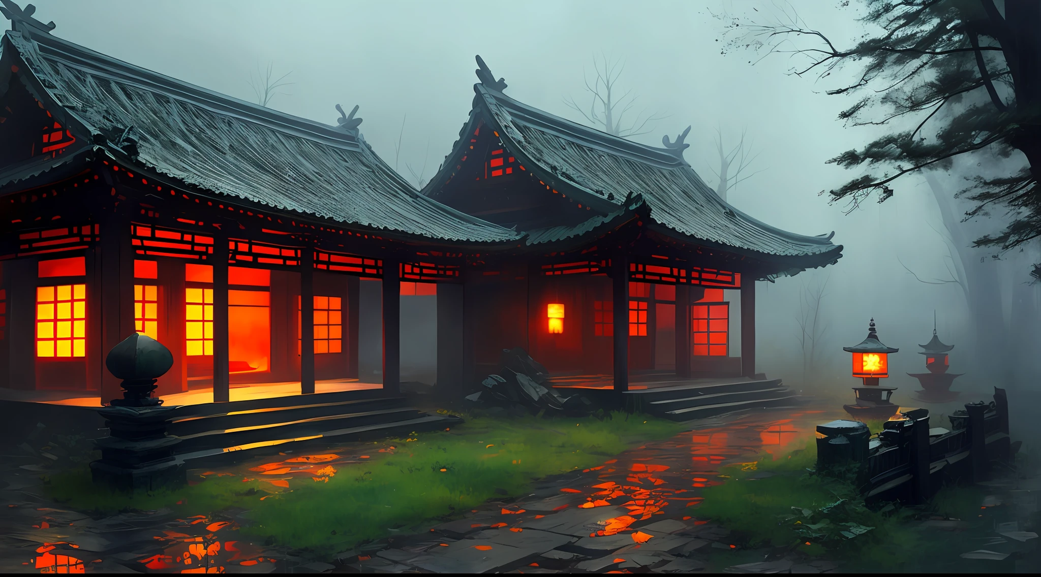 a dark old traditional chinese temple in the woods, stefan koidl inspired, bussiere rutkowski andreas rocha, by maxim verehin, inspired by maxim verehin, inspired by Tomasz Jedruszek, dark cinematic concept art, eerie nostalgic concept art, inspired by Igor Kieryluk, inspired by Ismail Inceoglu