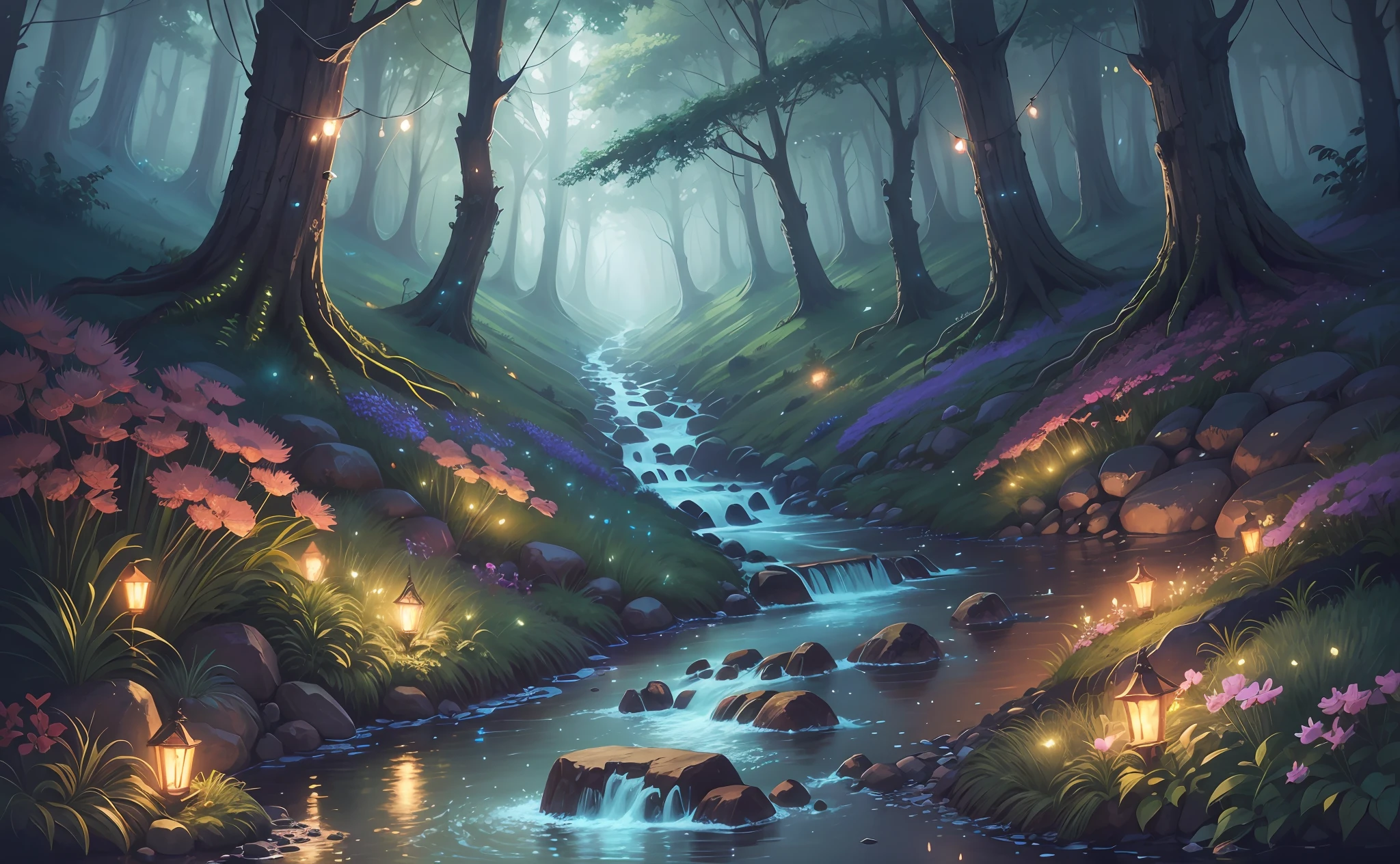 a picture taken from a video game of a forest with a stream of water, magical forest with fireflies, anime lush john 8k woods, glowing forest, magical forest, magical forest backround, magical environment, firefly forest at night, fireflies flying in the forest, magical fantasy forest, in a magical forest, in the magical forest, glowing lights! digital painting --auto --s2