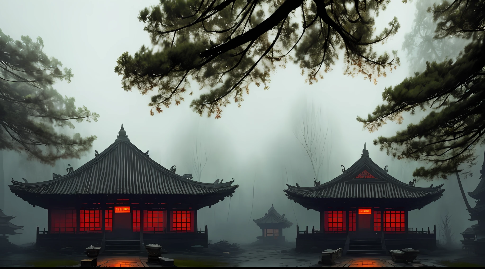 a dark old traditional chinese temple in the woods, stefan koidl inspired, bussiere rutkowski andreas rocha, by maxim verehin, inspired by maxim verehin, inspired by Tomasz Jedruszek, dark cinematic concept art, eerie nostalgic concept art, inspired by Igor Kieryluk, inspired by Ismail Inceoglu
